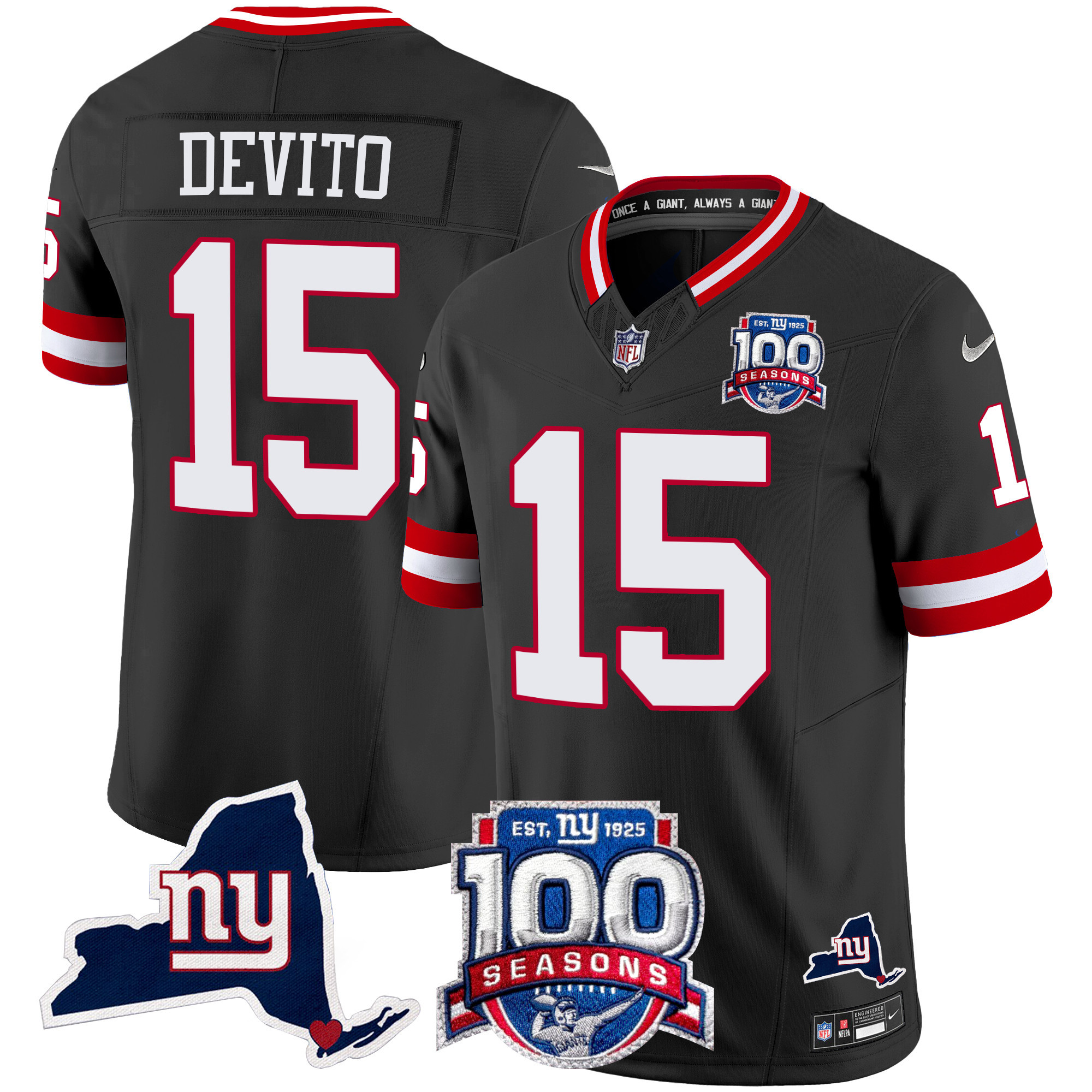 Men's Tommy DeVito New York Giants 100th Season & State Patch Vapor Limited Black Jersey - All Stitched