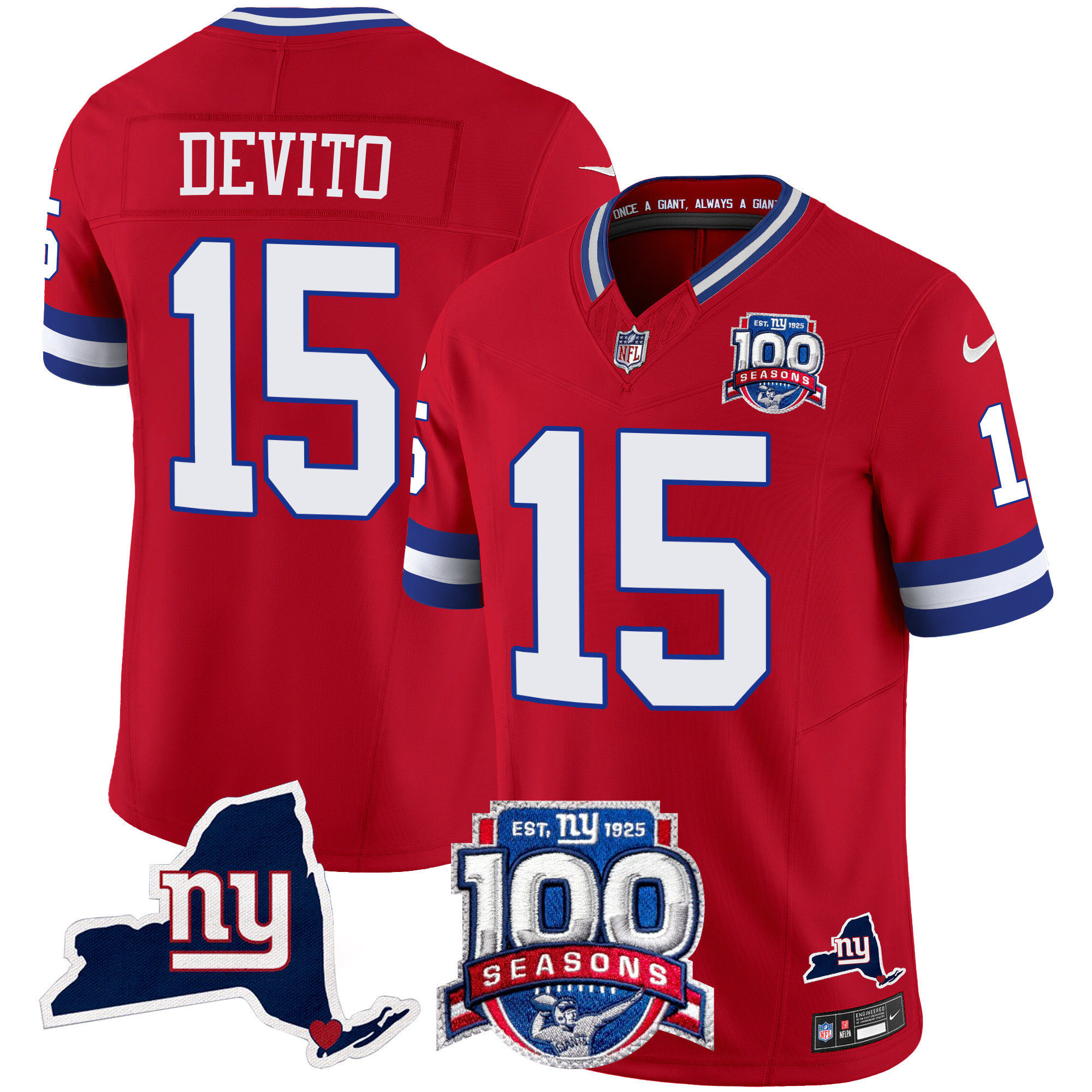 Men's Tommy DeVito New York Giants 100th Season & State Patch Vapor Limited Red Jersey - All Stitched