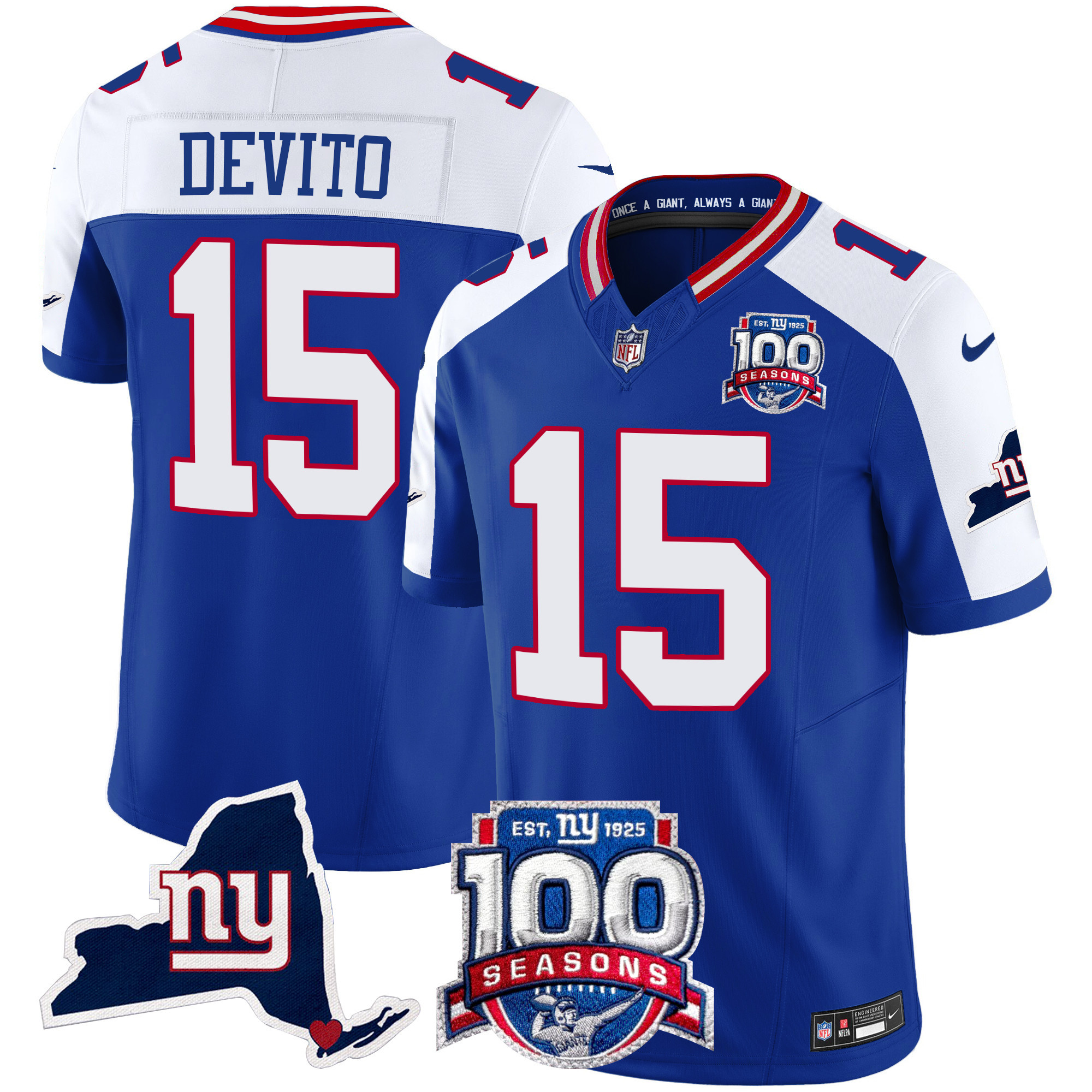 Men's Tommy DeVito New York Giants 100th Season & State Patch Vapor Limited Royal Alternate Jersey - All Stitched