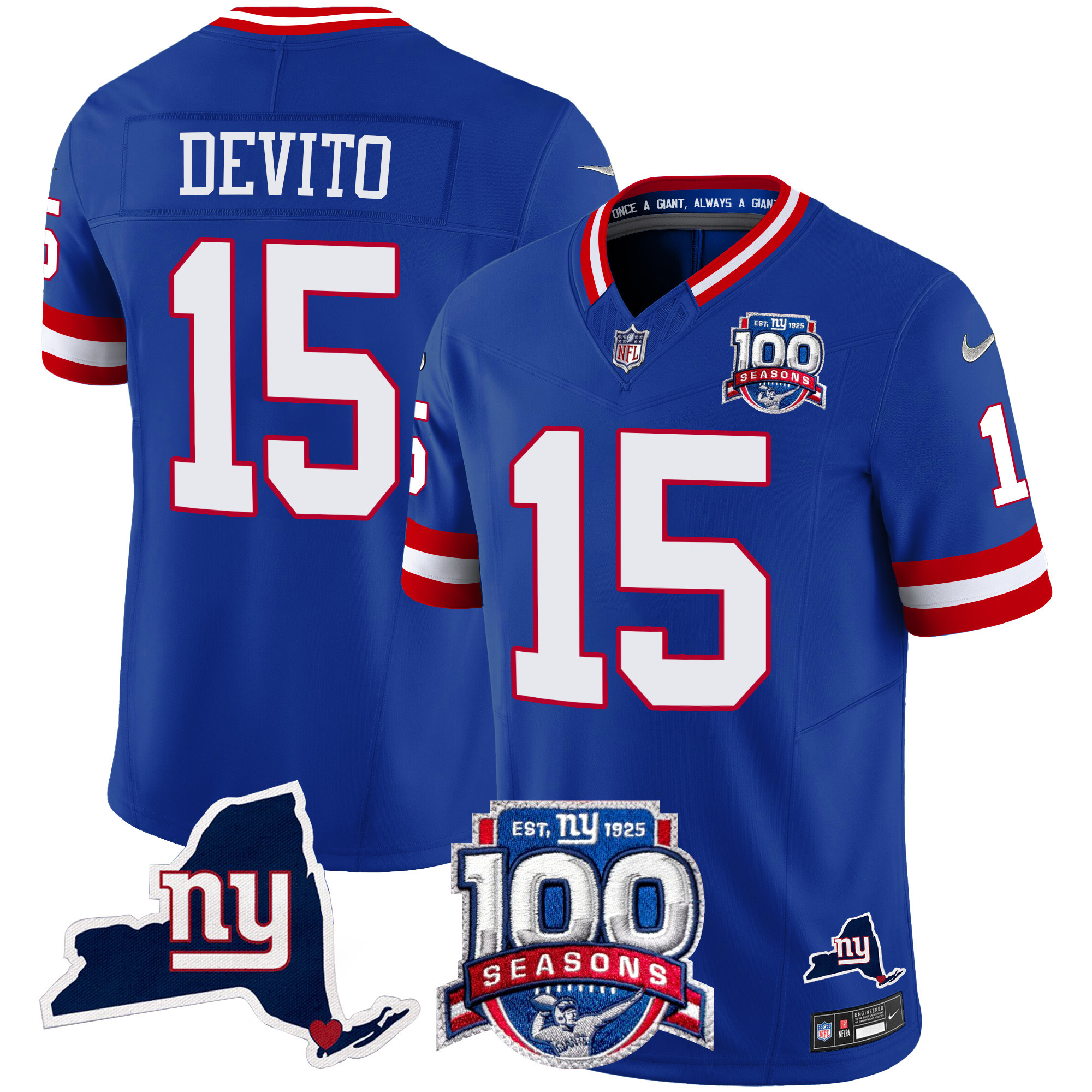 Men's Tommy DeVito New York Giants 100th Season & State Patch Vapor Limited Royal Jersey - All Stitched