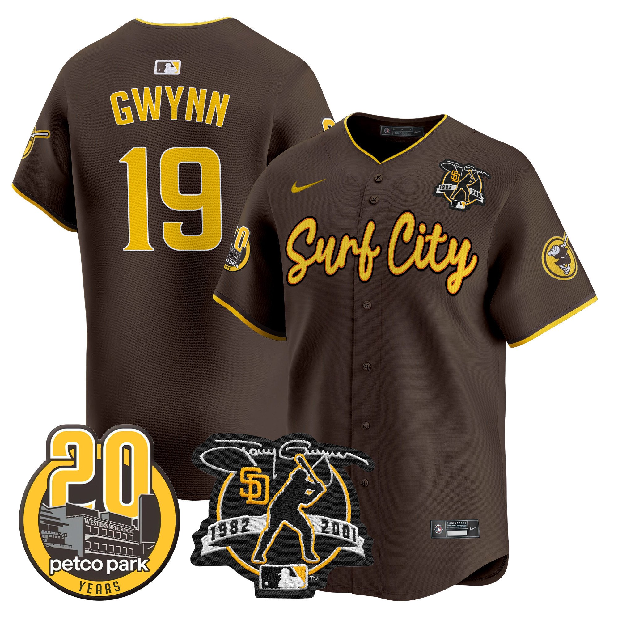Men's Tony Gwynn San Diego Padres Tony Gwynn & Petco Park 20th Patch Vapor Premier Limited Brown Jersey V3 Ã± All Stitched