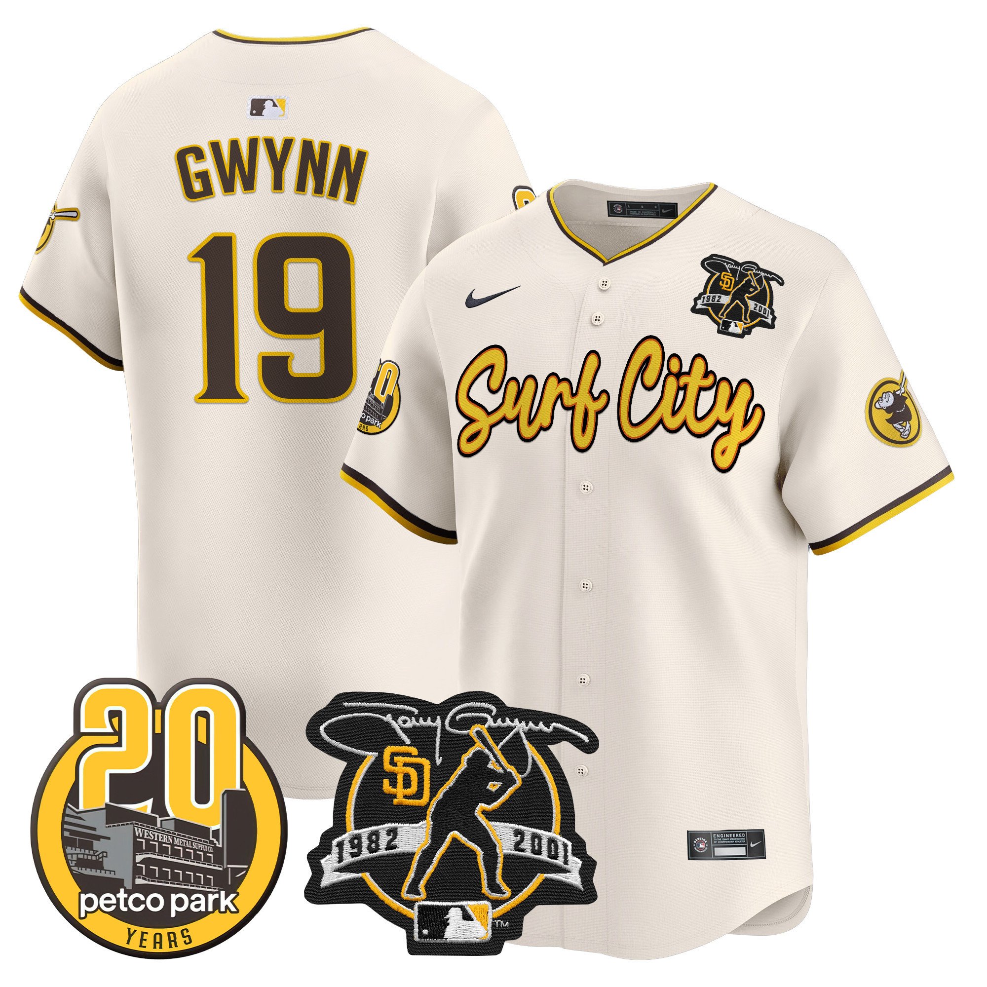 Men's Tony Gwynn San Diego Padres Tony Gwynn & Petco Park 20th Patch Vapor Premier Limited Cream Jersey V3 Ã± All Stitched