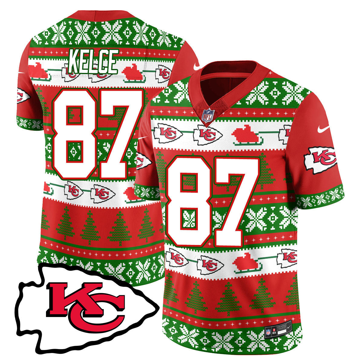 Men's Travis Kelce Kansas City Chiefs 2024 Christmas Vapor Limited Red Green Jersey - Printed