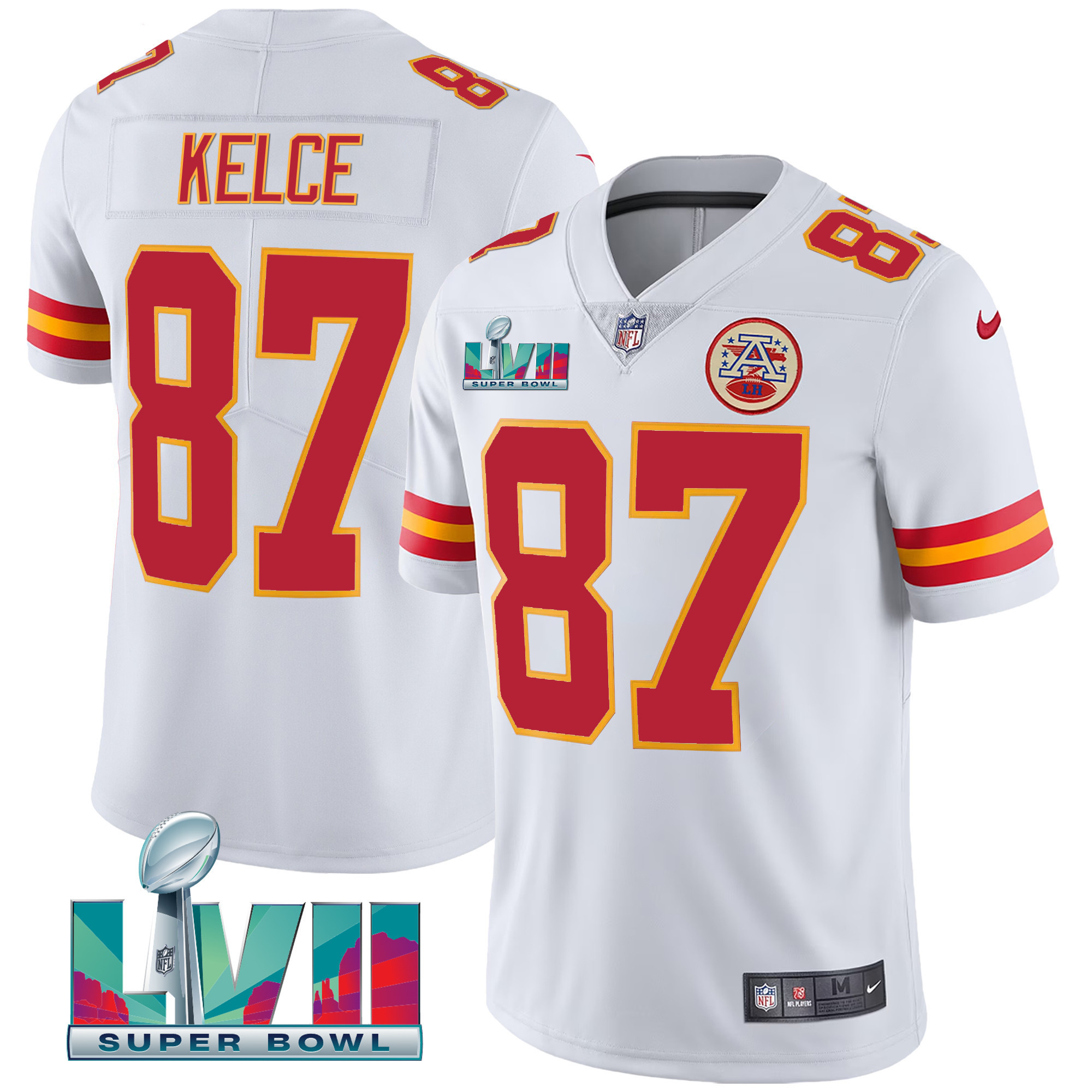 Men's Travis Kelce Kansas City Chiefs Super Bowl LVII Red Gold Vapor White Jersey V2 - All Stitched