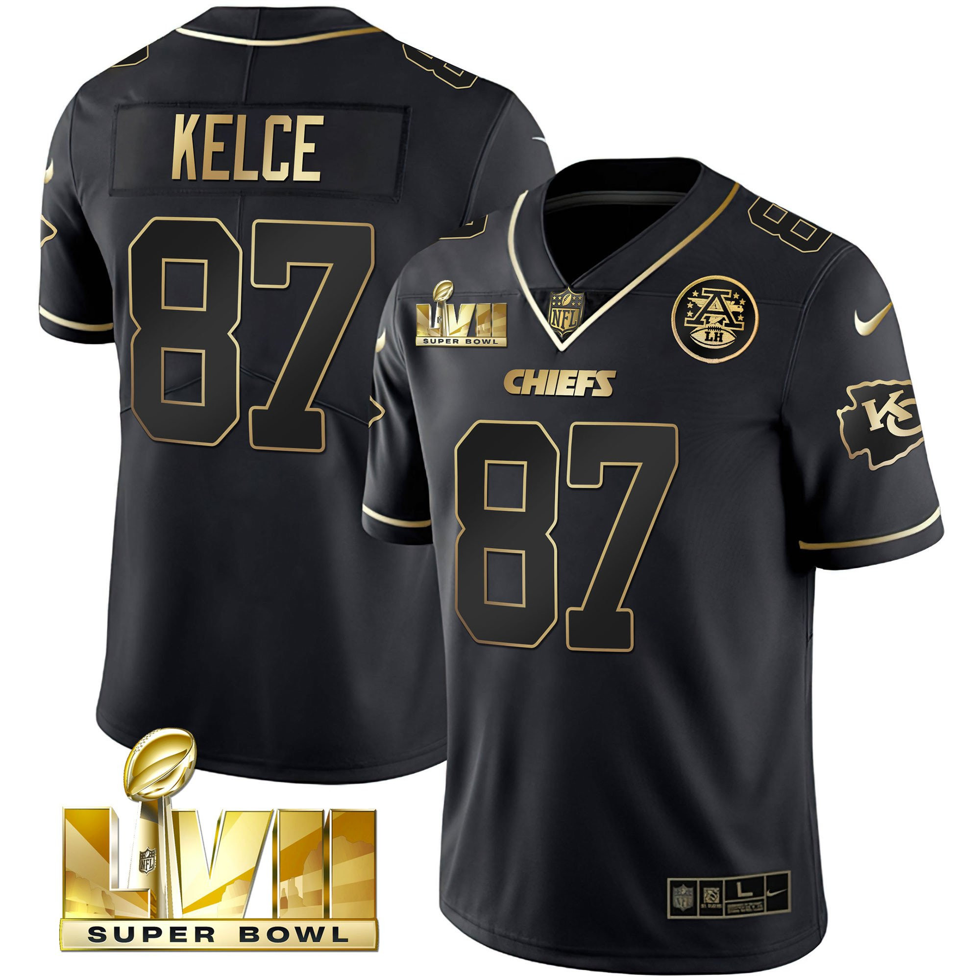 Men's Travis Kelce Kansas City Chiefs Super Bowl Vapor Gold Black Gold Jersey V2- All Stitched