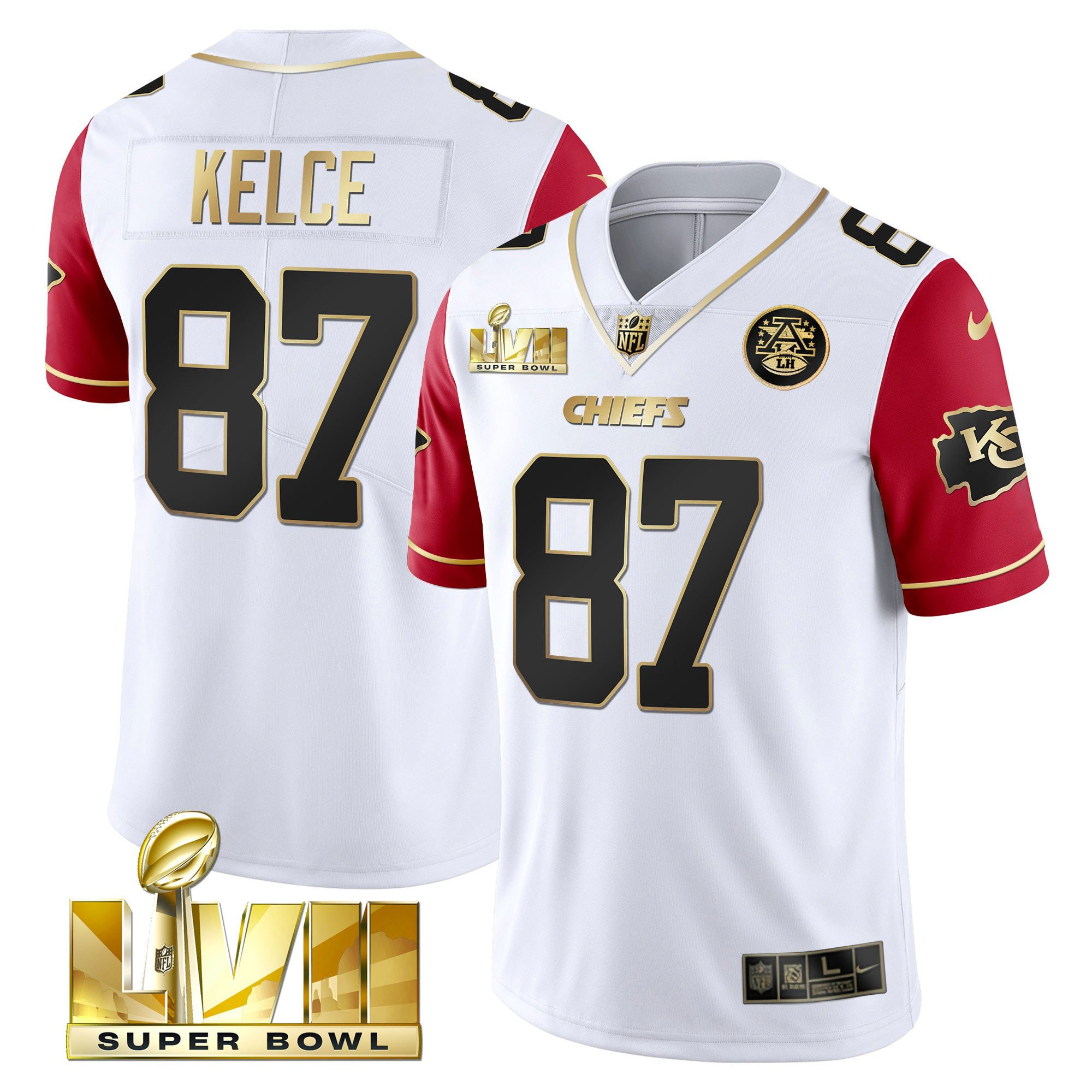 Men's Travis Kelce Kansas City Chiefs Super Bowl Vapor Gold Color Sleeve Jersey V2- All Stitched