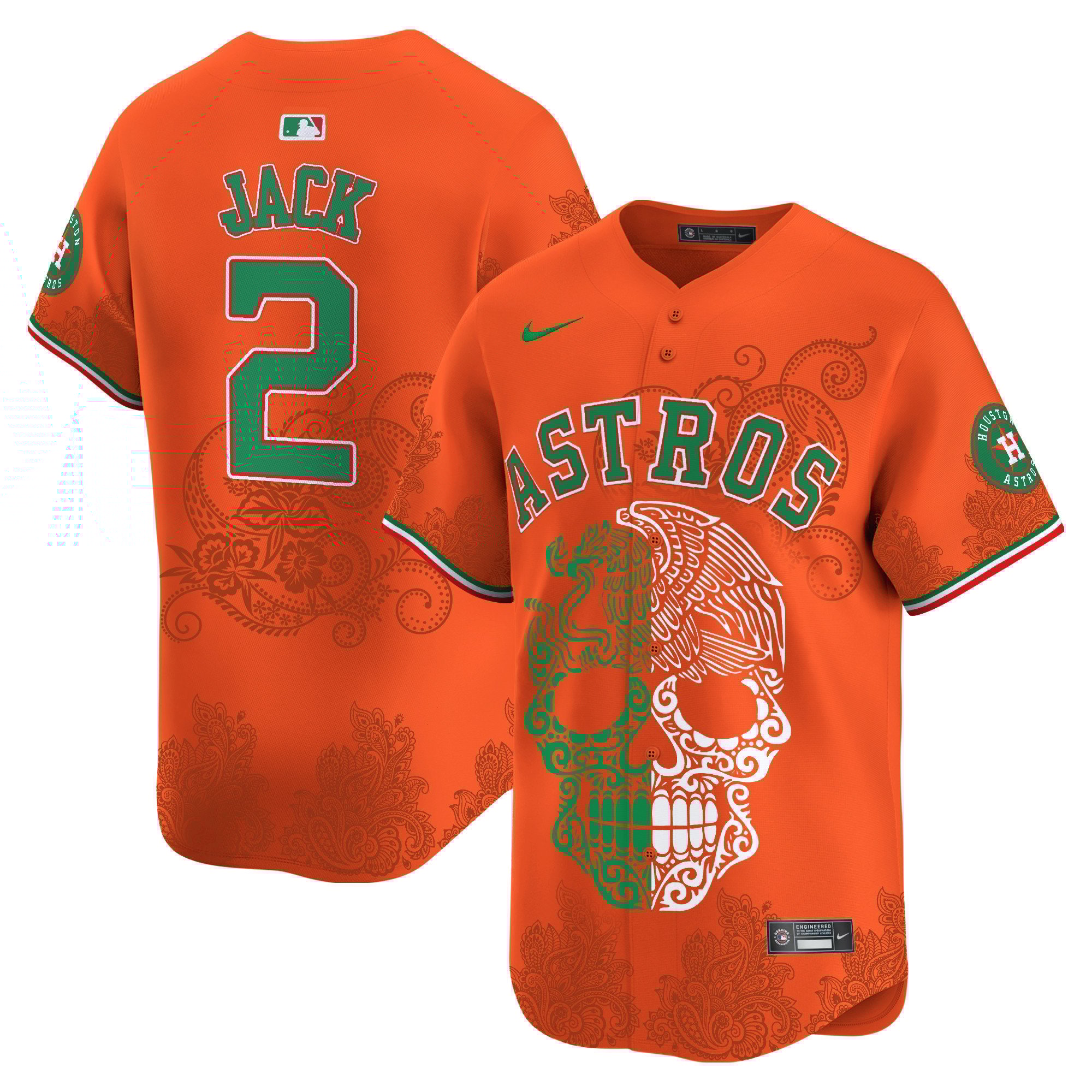 Men's Travis Scott Houston Astros Aztec Warrior Skull Vapor Limited Orange Jersey - Printed