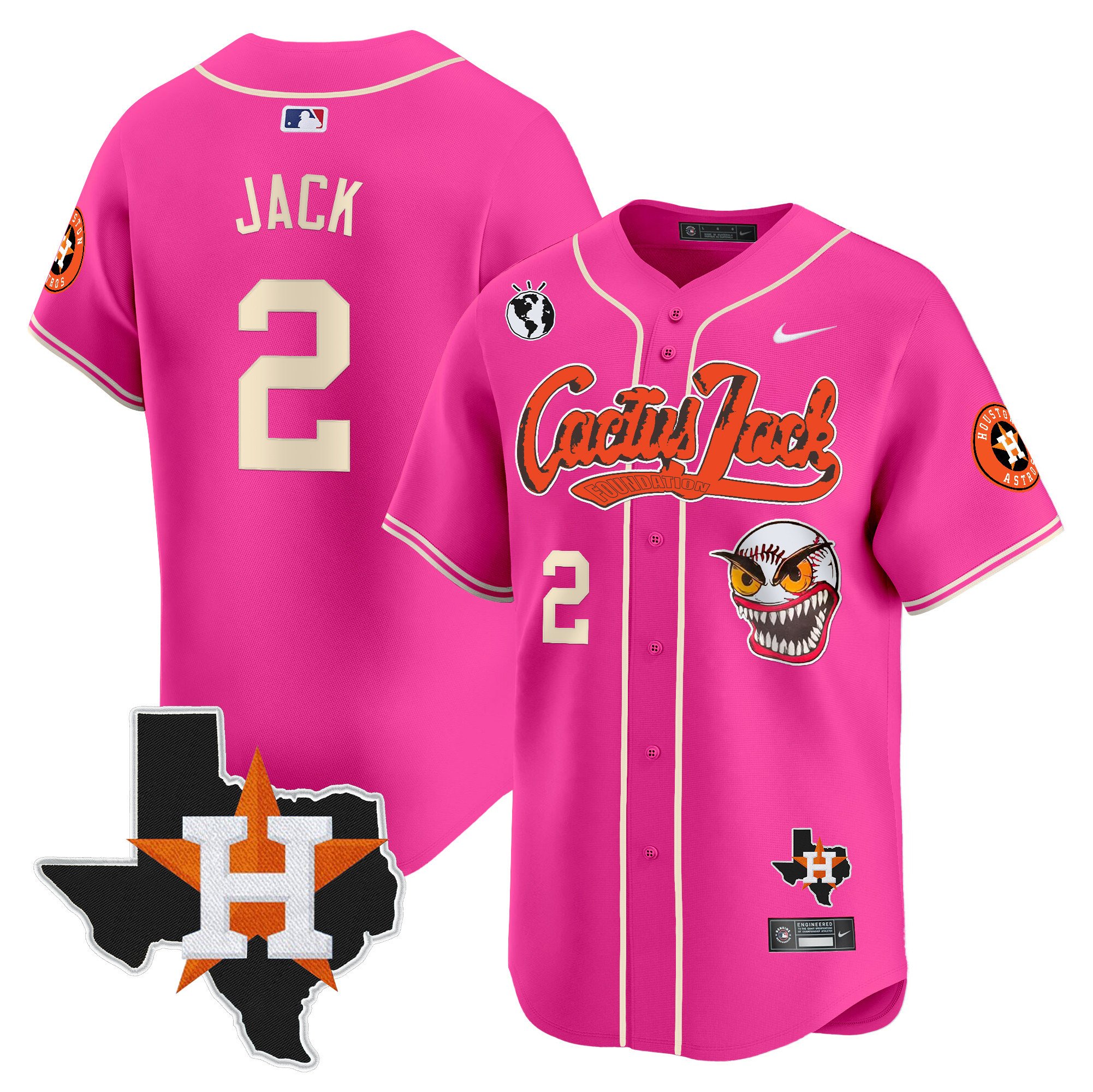Men's Travis Scott Houston Astros Cactus Jack Patch Vapor Premier Limited Pink Jersey V12 - Stitched