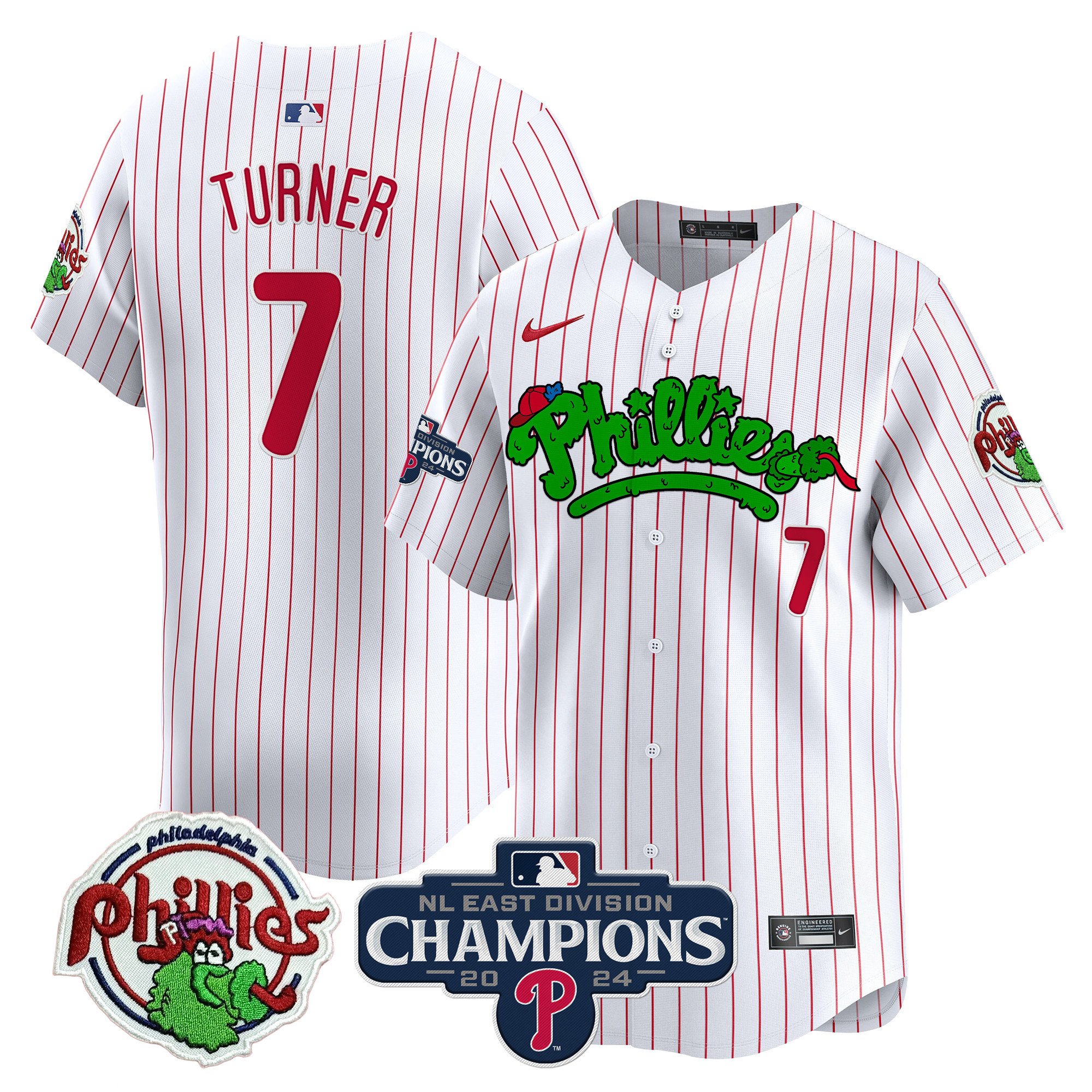 Men's Trea Turner Philadelphia Phillies Phanatic 2024 NL East Division Champions Vapor Premier Limited White Pinstripe Jersey - All Stitched