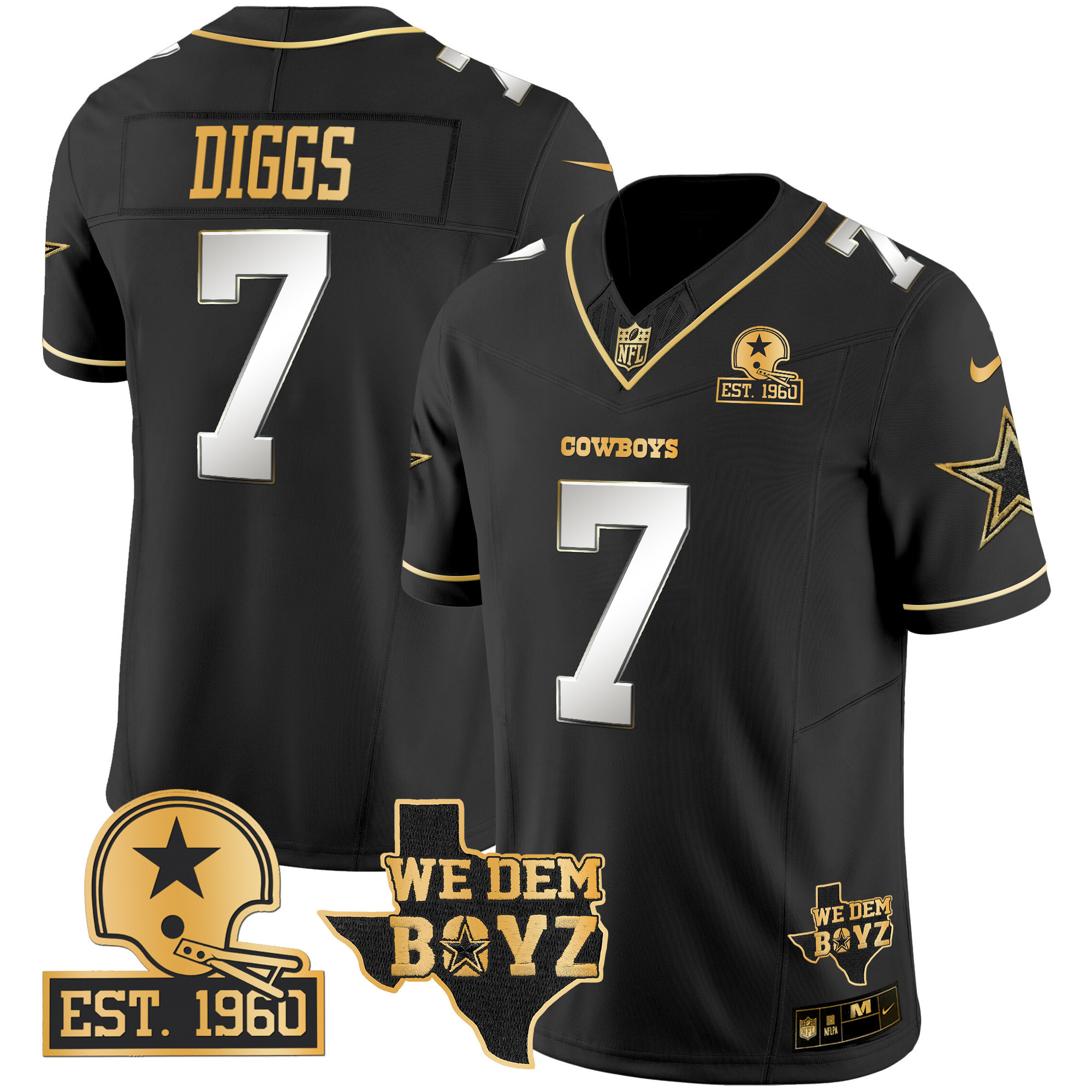 Men's Trevon Diggs Dallas Cowboys Est. 1960 & We Dem Boyz Patch Gold Vapor Limited Black Limited Jersey V2 - All Stitched