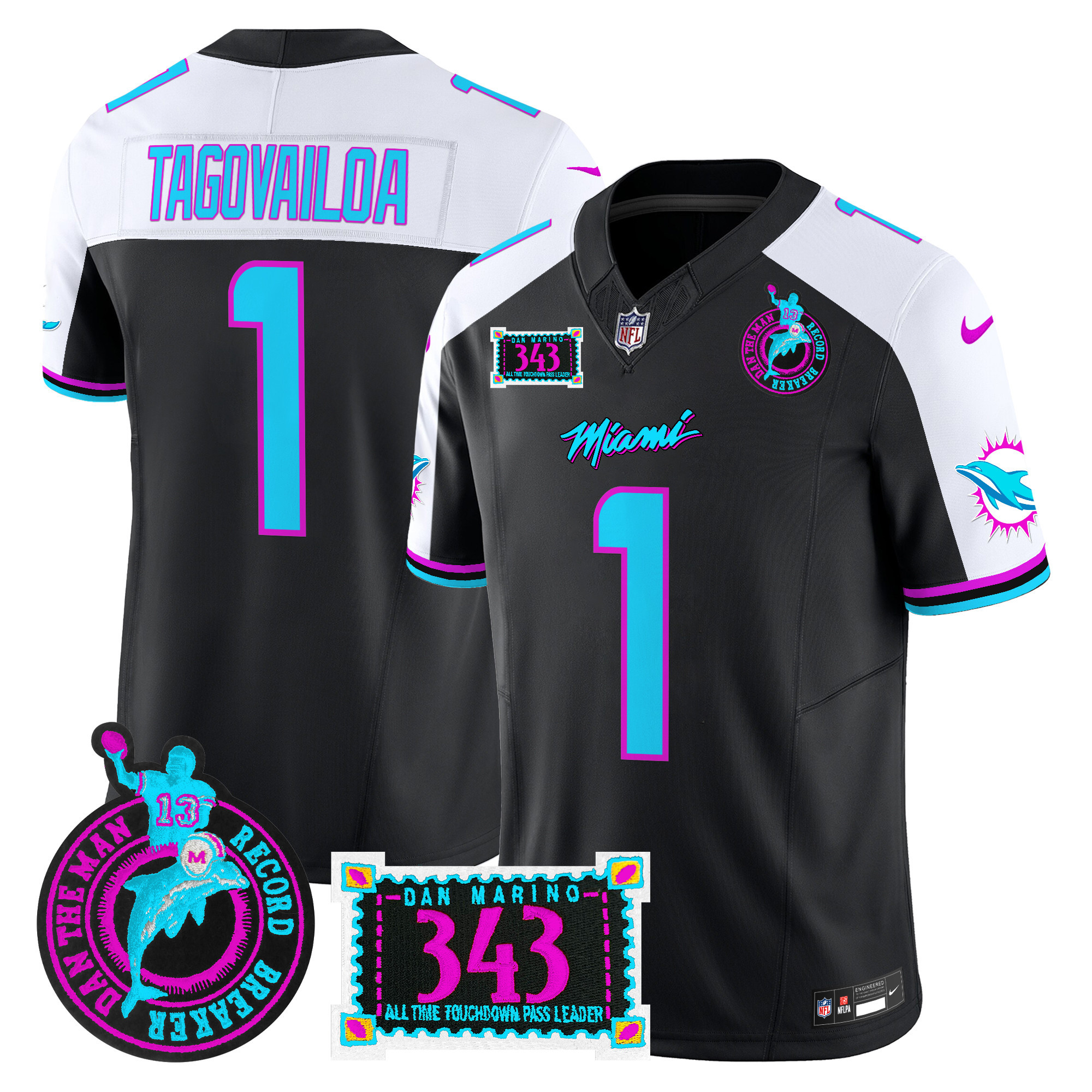 Men's Tua Tagovailoa Miami Dolphins "Dan the Man Record Breaker" Patch Vapor Limited Black Alternate Jersey - All Stitched