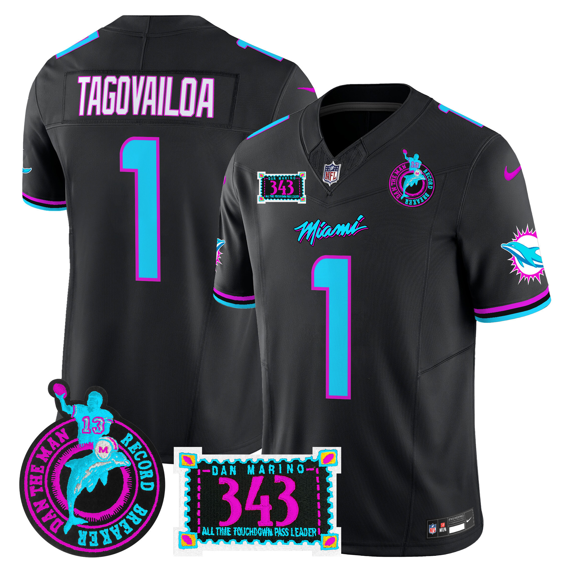 Men's Tua Tagovailoa Miami Dolphins "Dan the Man Record Breaker" Patch Vapor Limited Black Jersey - All Stitched
