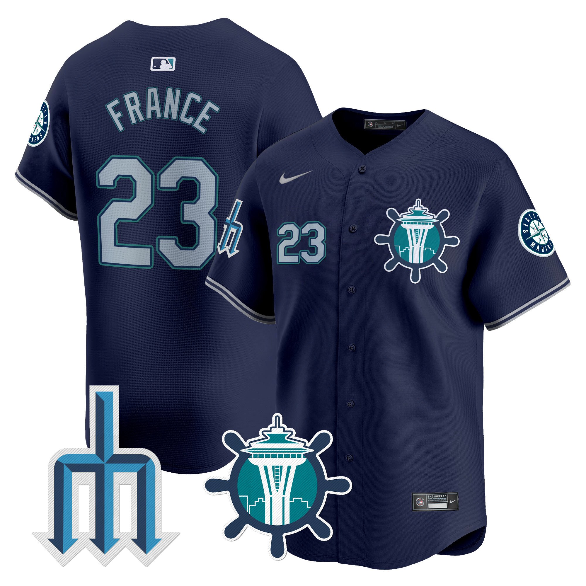 Men's Ty France Seattle Mariners Trident Patch Vapor Premier Limited Navy Jersey - All Stitched