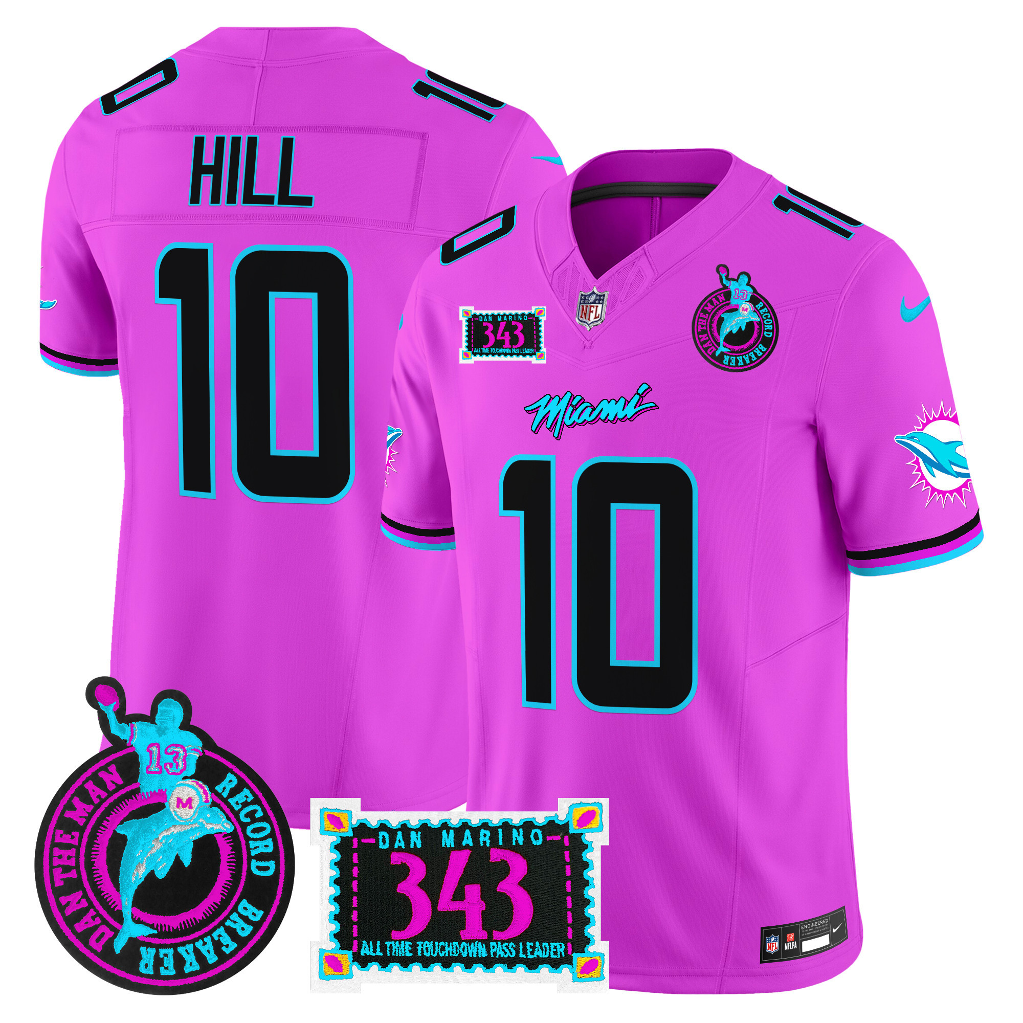Men's Tyreek Hill Miami Dolphins "Dan the Man Record Breaker" Patch Vapor Limited Pink Jersey - All Stitched