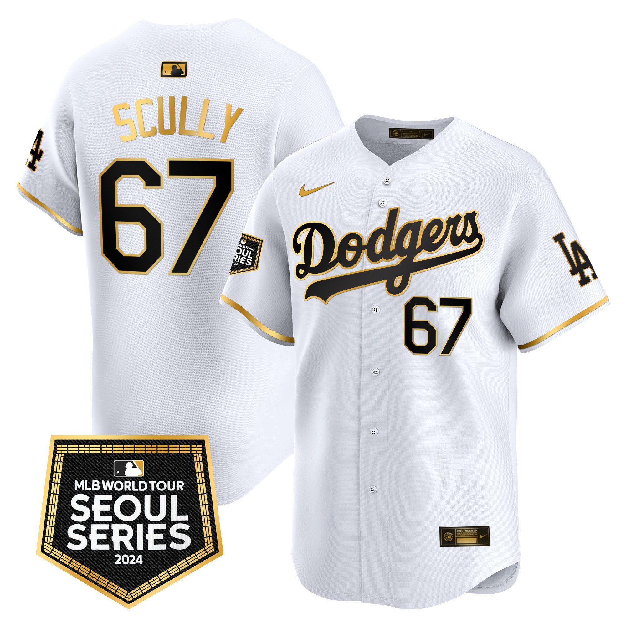 Men's Vin Scully Los Angeles Dodgers 2024 World Tour Seoul Series Patch Vapor Premier Limited White Gold Jersey - All Stitched