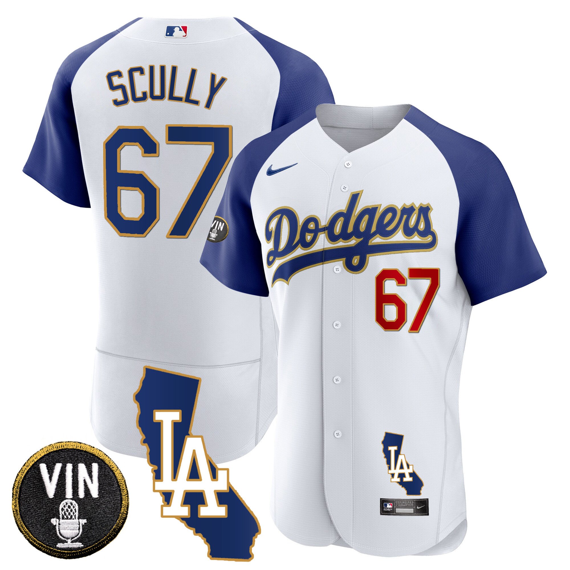 Men's Vin Scully Los Angeles Dodgers California Patch Gold Trim Flex Base Alternate White Jersey - All Stitched