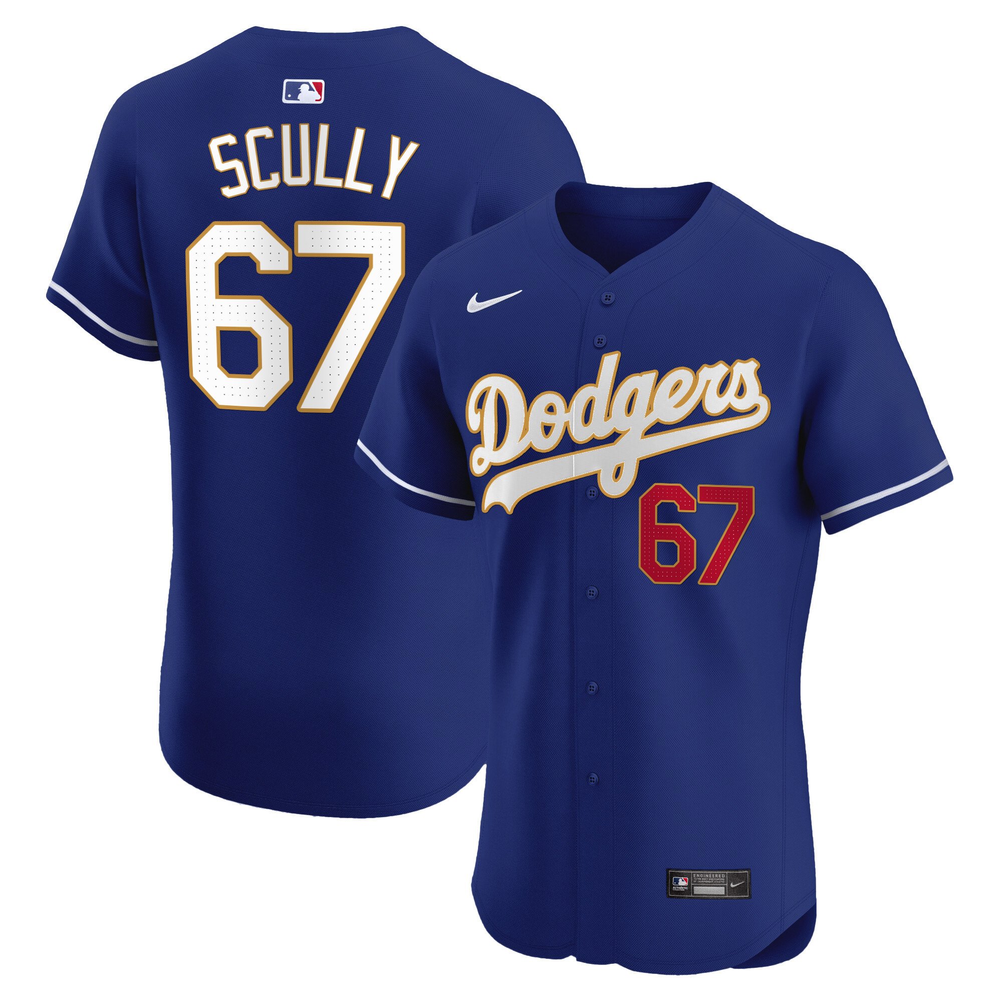 Men's Vin Scully Los Angeles Dodgers Gold Trim Premier Elite Royal Jersey - All Stitched