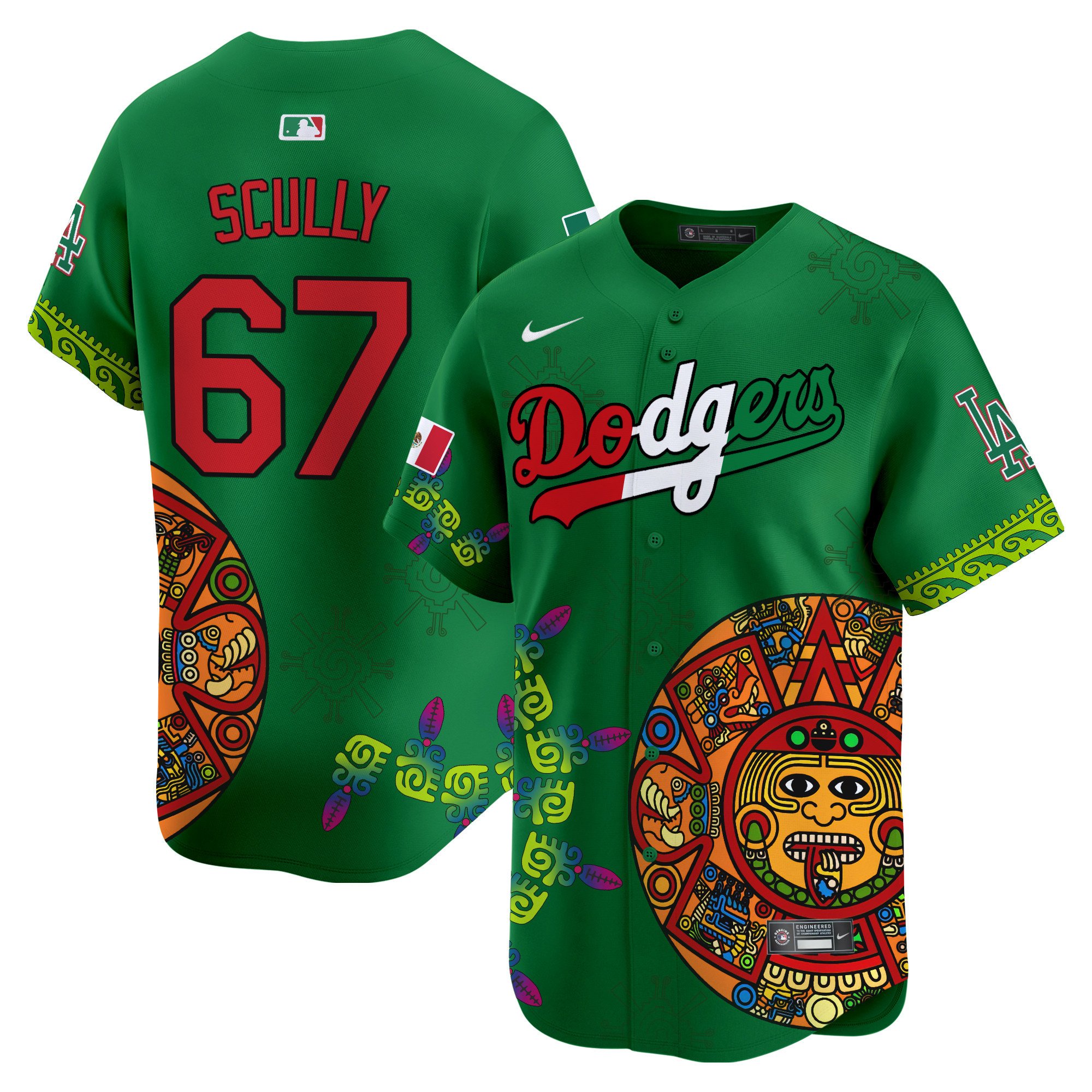 Men's Vin Scully Los Angeles Dodgers Mexico Aztec Calendar Vapor Premier Limited Green Jersey - Printed