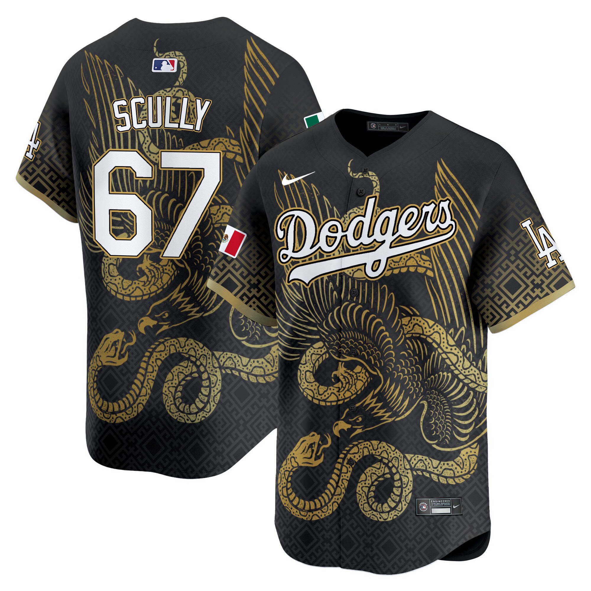 Men's Vin Scully Los Angeles Dodgers Mexico Aztec Serpent Pattern Vapor Premier Limited Black Jersey - Printed