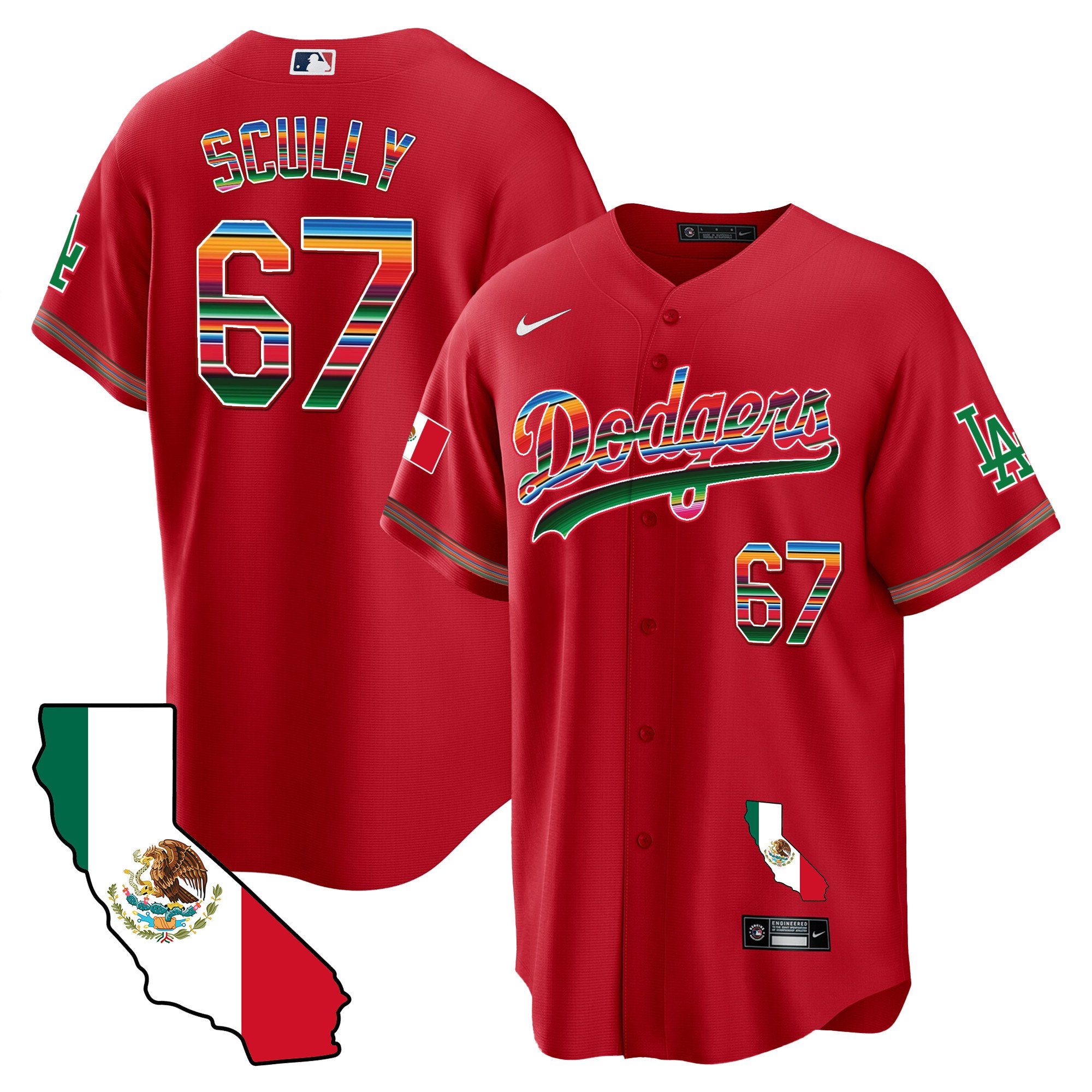 Men's Vin Scully Los Angeles Dodgers Mexico California Map Cool Base Red Jersey - All Stitched