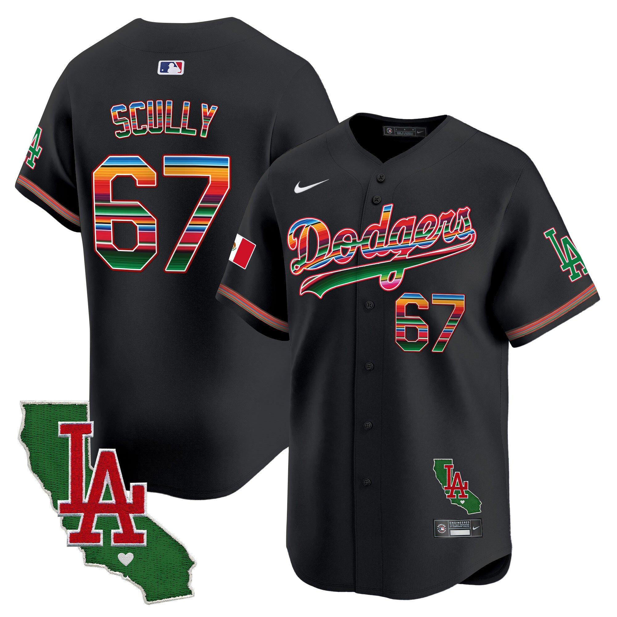 Men's Vin Scully Los Angeles Dodgers Mexico California Patch Vapor Premier Limited Black Jersey - All Stitched