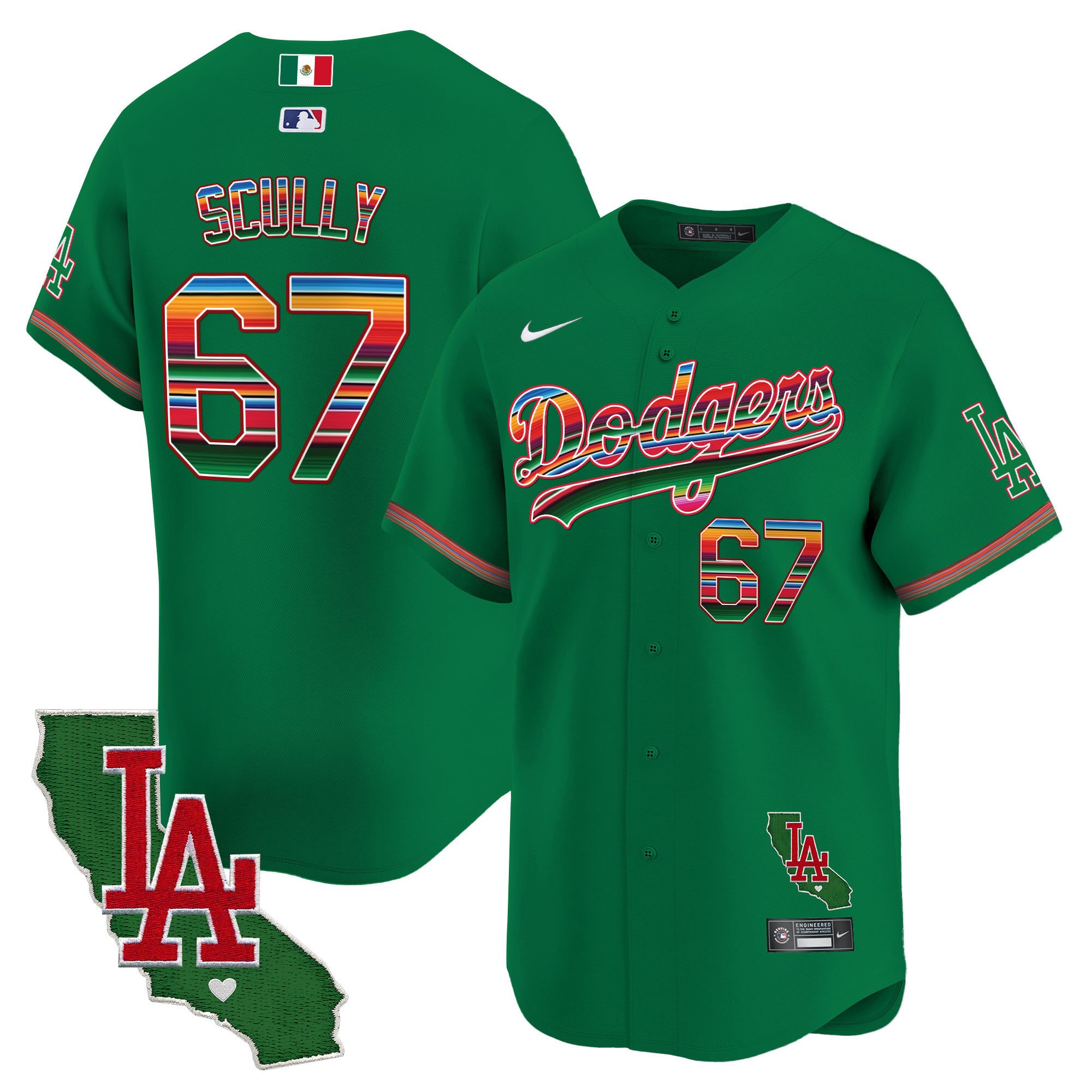 Men's Vin Scully Los Angeles Dodgers Mexico California Patch Vapor Premier Limited Green Jersey V2 - All Stitched