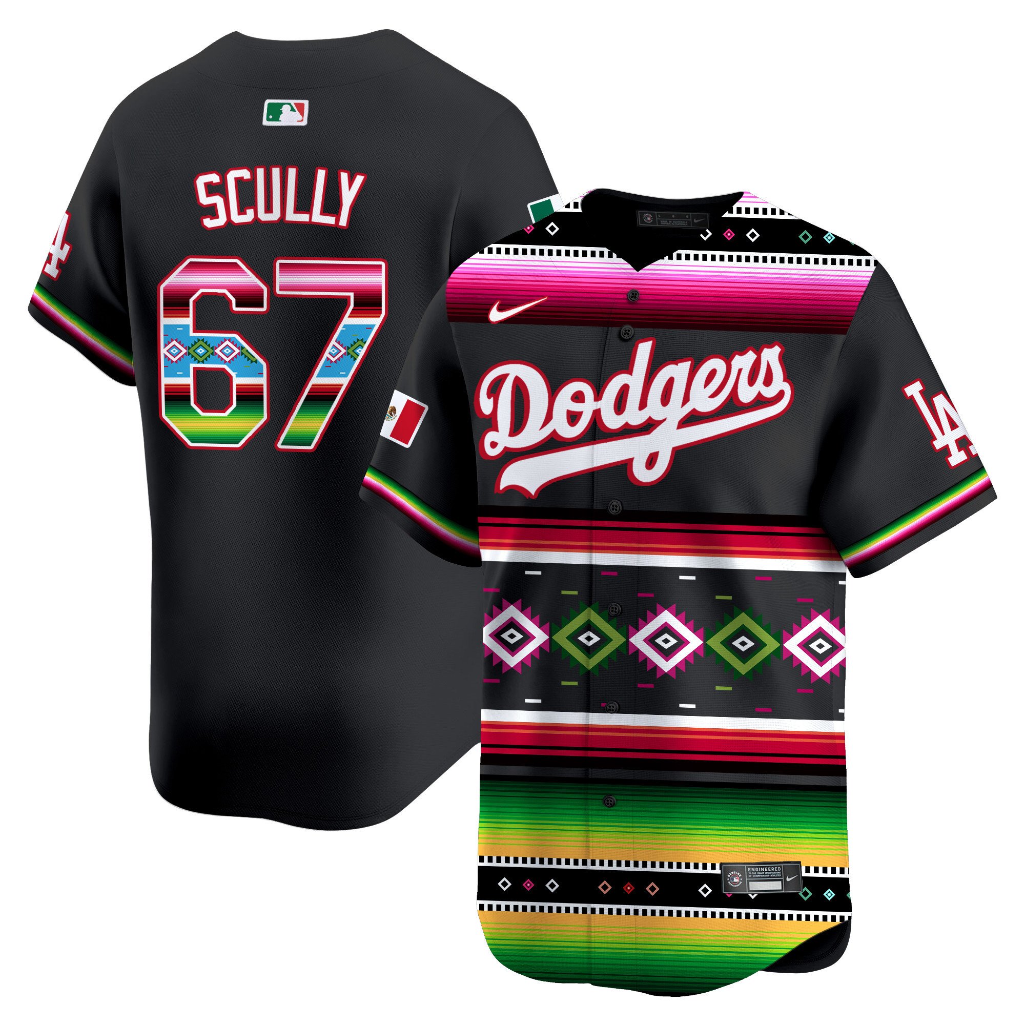 Men's Vin Scully Los Angeles Dodgers Mexico Vibrant Serape Vapor Premier Limited Black Jersey - Printed