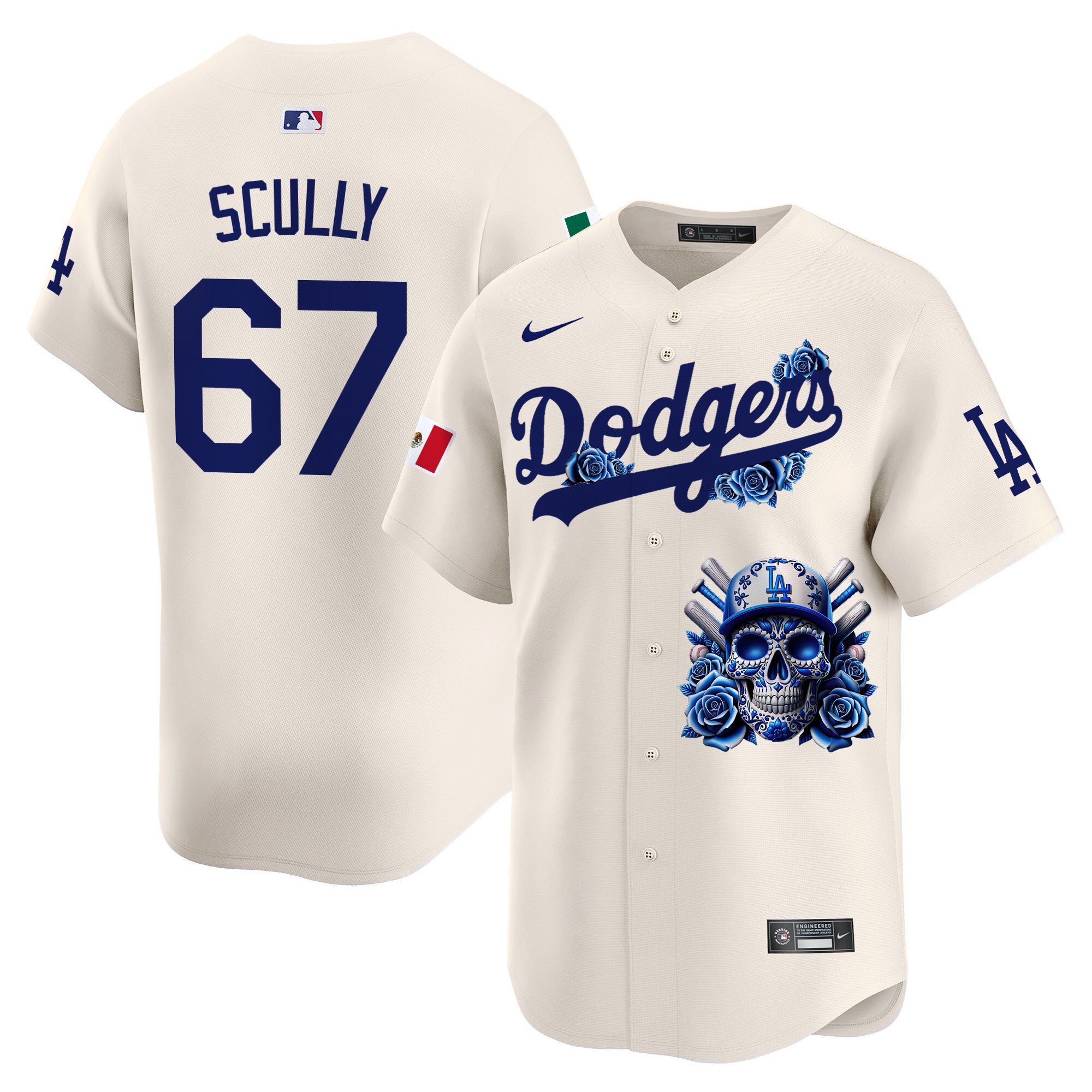 Men's Vin Scully Los Angeles Dodgers Skull Vapor Premier Limited Cream Jersey V2 - Printed