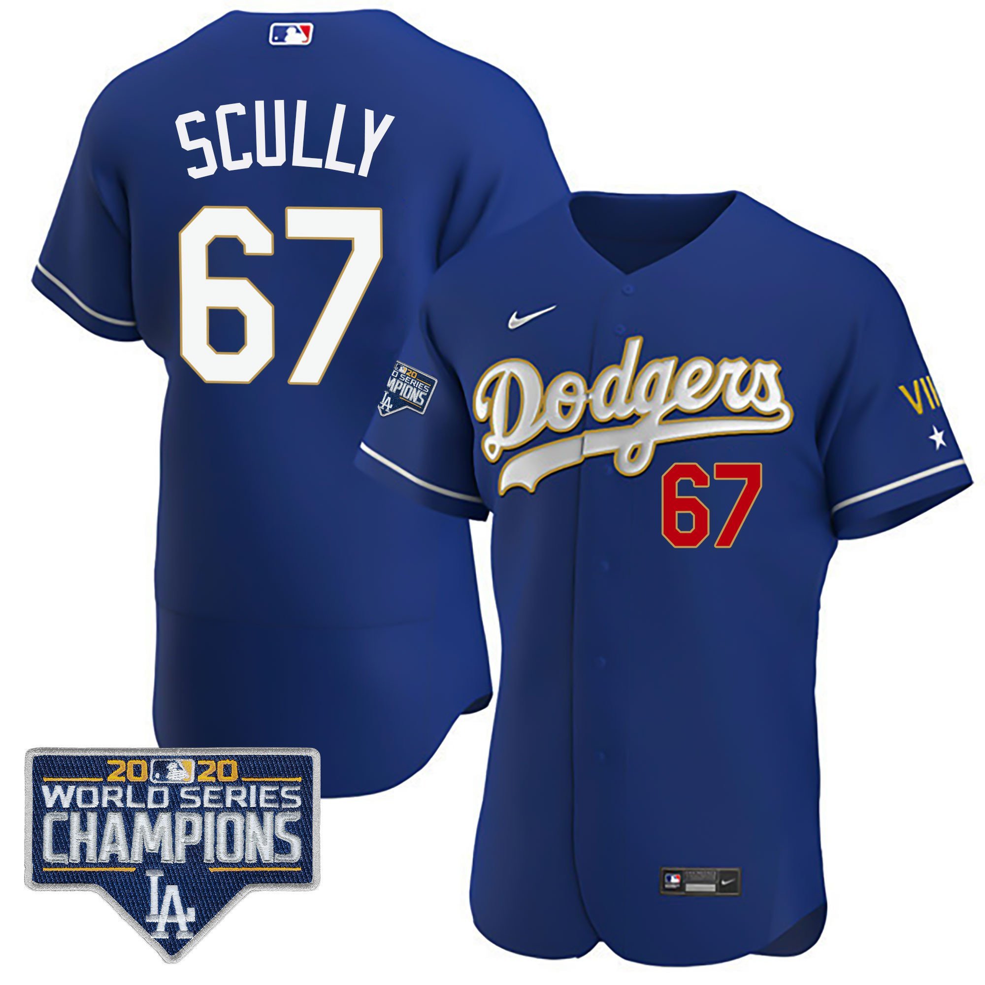 Men's Vin Scully Los Angeles Dodgers World Series Patch Gold Limited Flex Royal Jersey - All Stitched