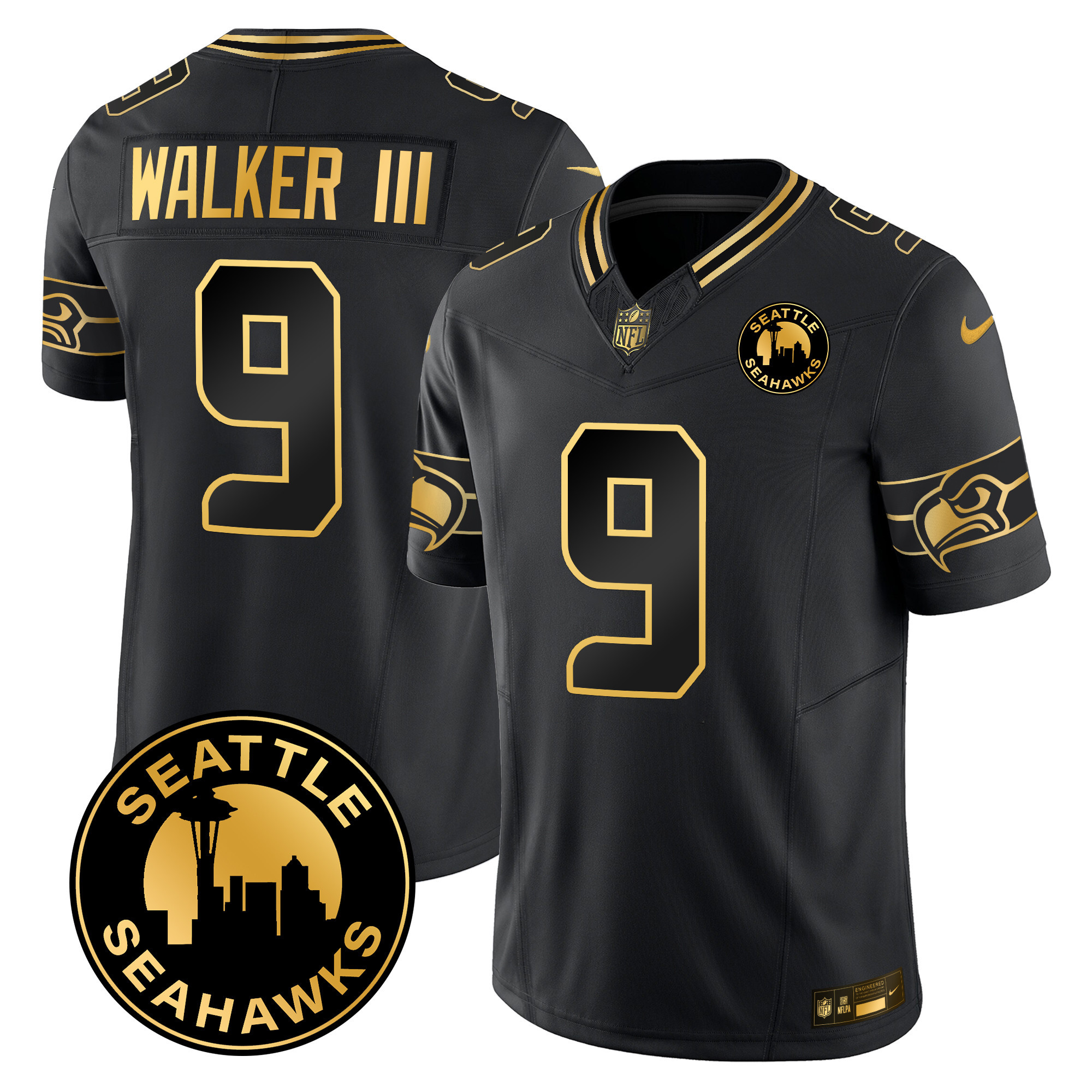 Men's Walker III Seattle Seahawks 2024 Seattle City Patch Gold Vapor Limited Black Gold Jersey - All Stitched
