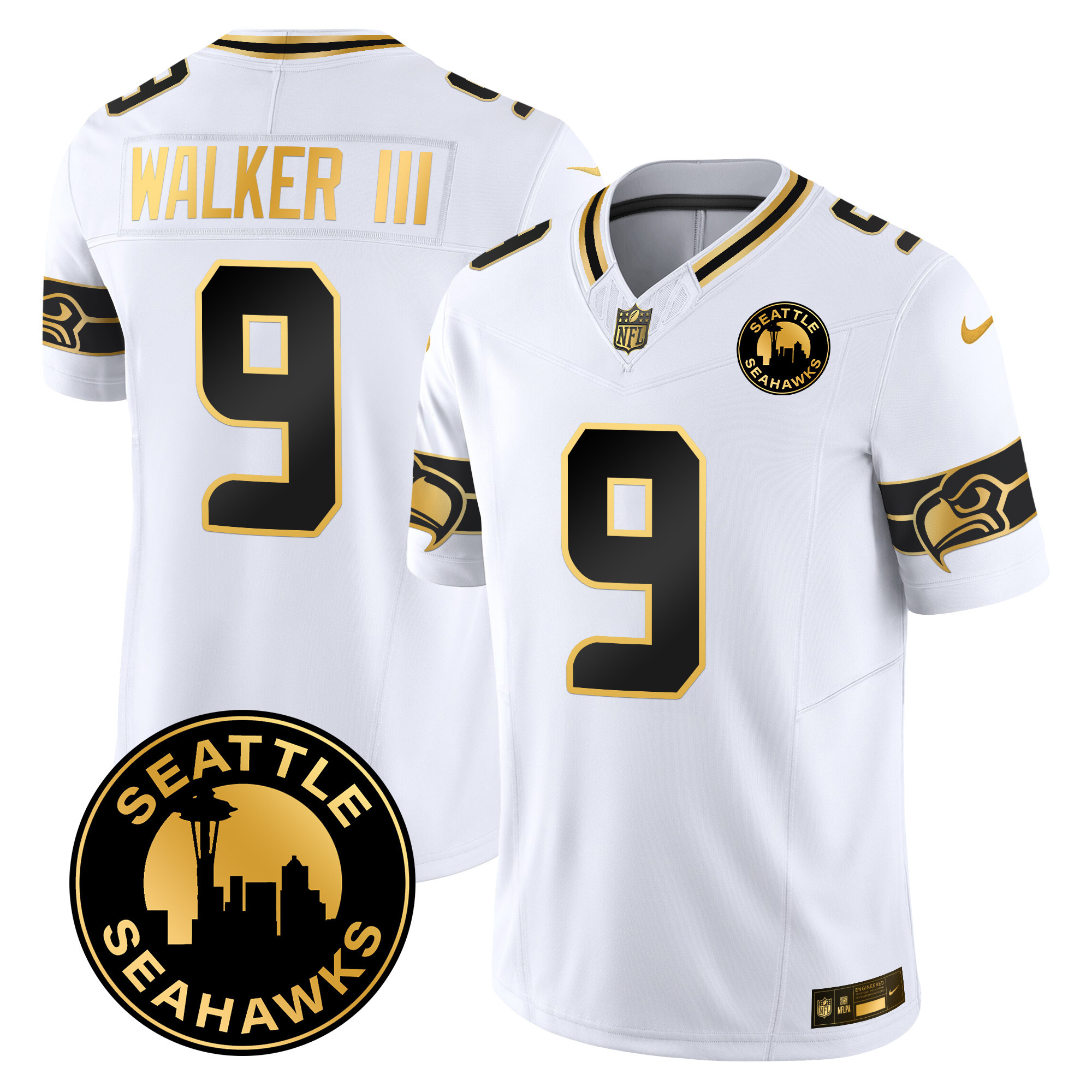 Men's Walker III Seattle Seahawks 2024 Seattle City Patch Gold Vapor Limited White Gold Jersey - All Stitched