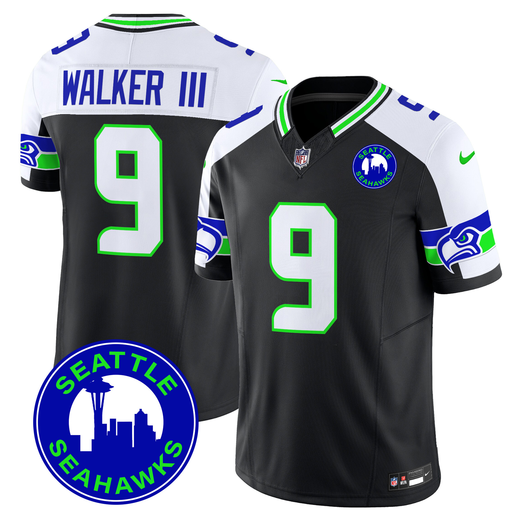 Men's Walker III Seattle Seahawks 2024 Seattle City Patch Vapor Limited Black Alternate Jersey - All Stitched