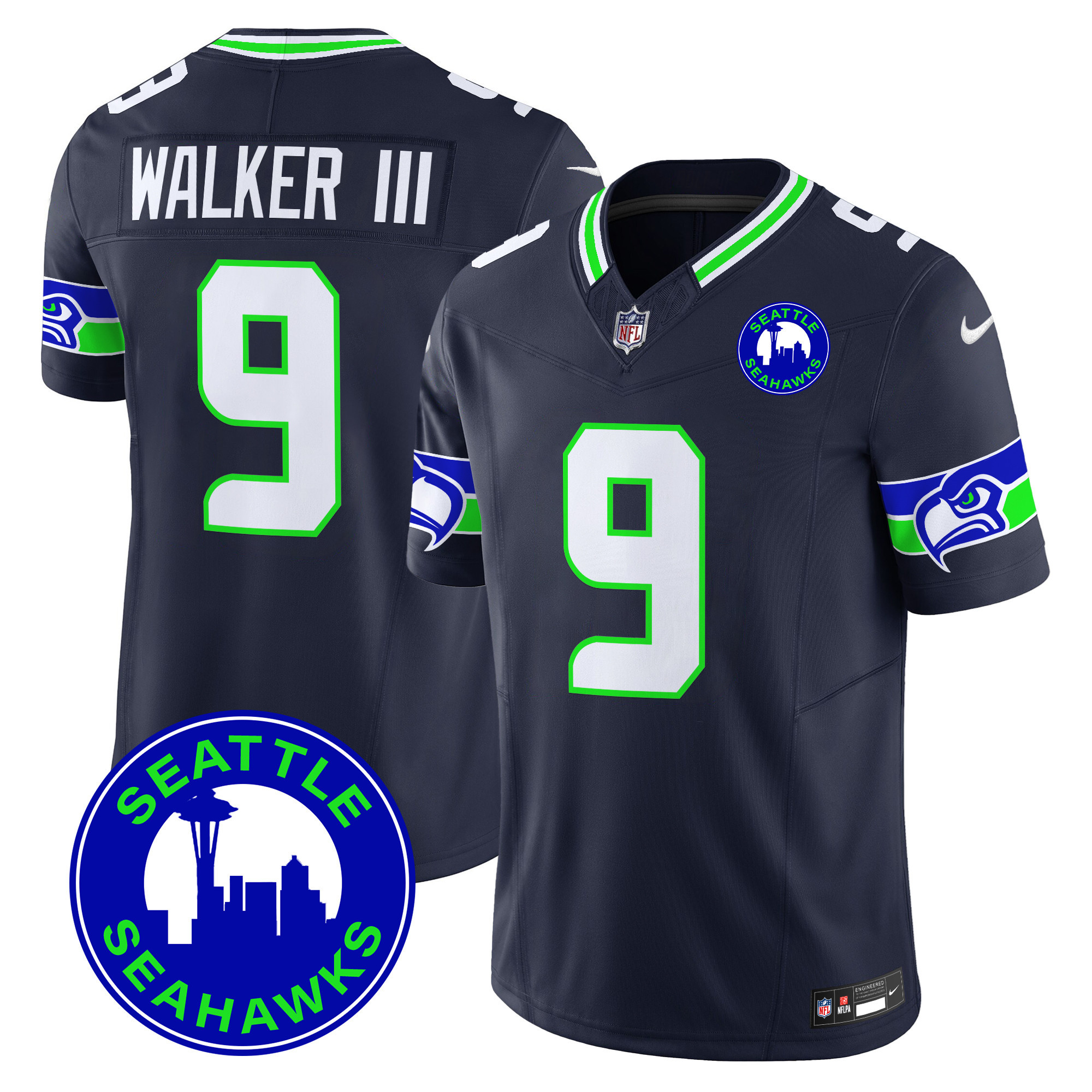Men's Walker III Seattle Seahawks 2024 Seattle City Patch Vapor Limited Navy Jersey - All Stitched