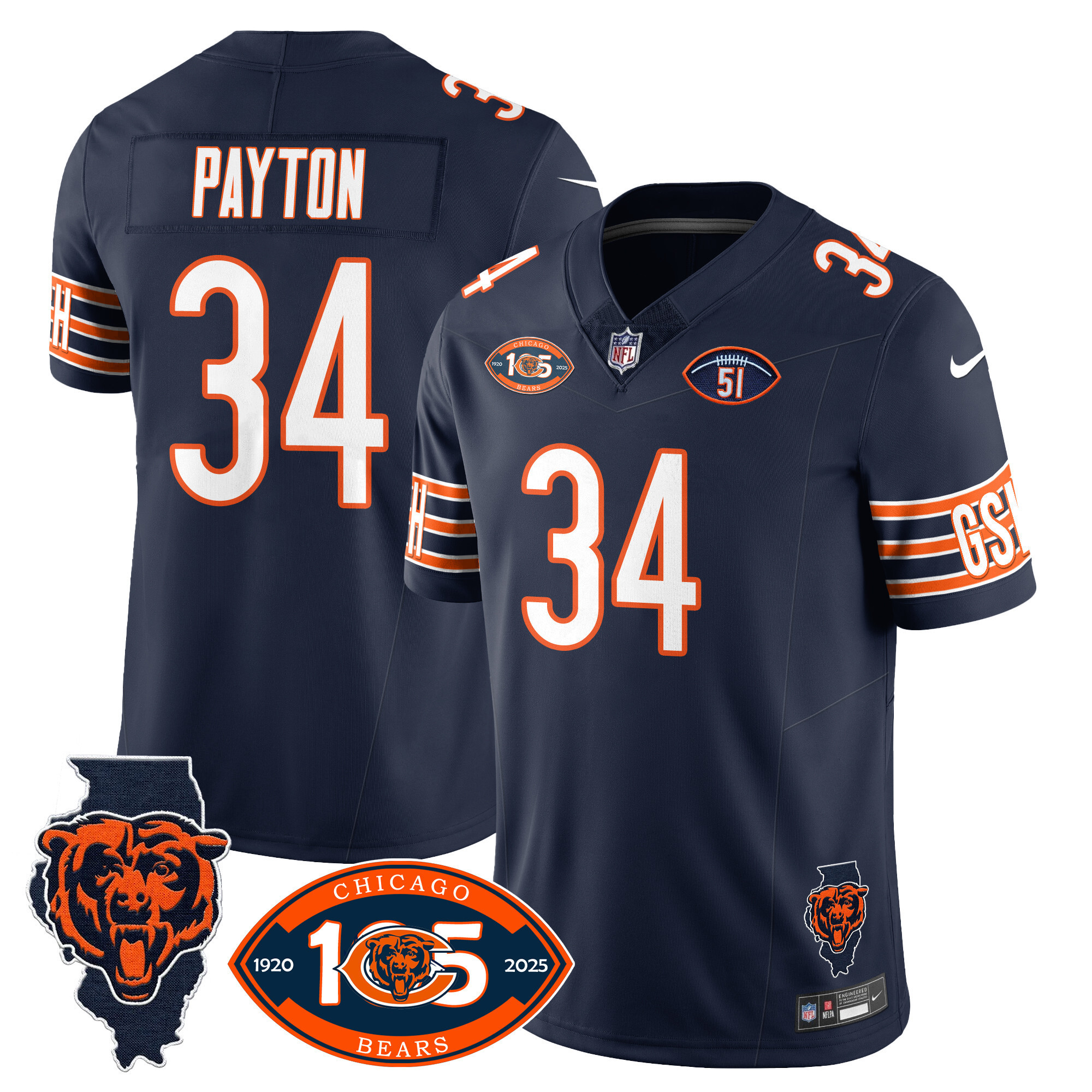 Men's Walter Payton Chicago Bears 1920-2025 The Chicago Bears Vapor Limited Navy Jersey - All Stitched