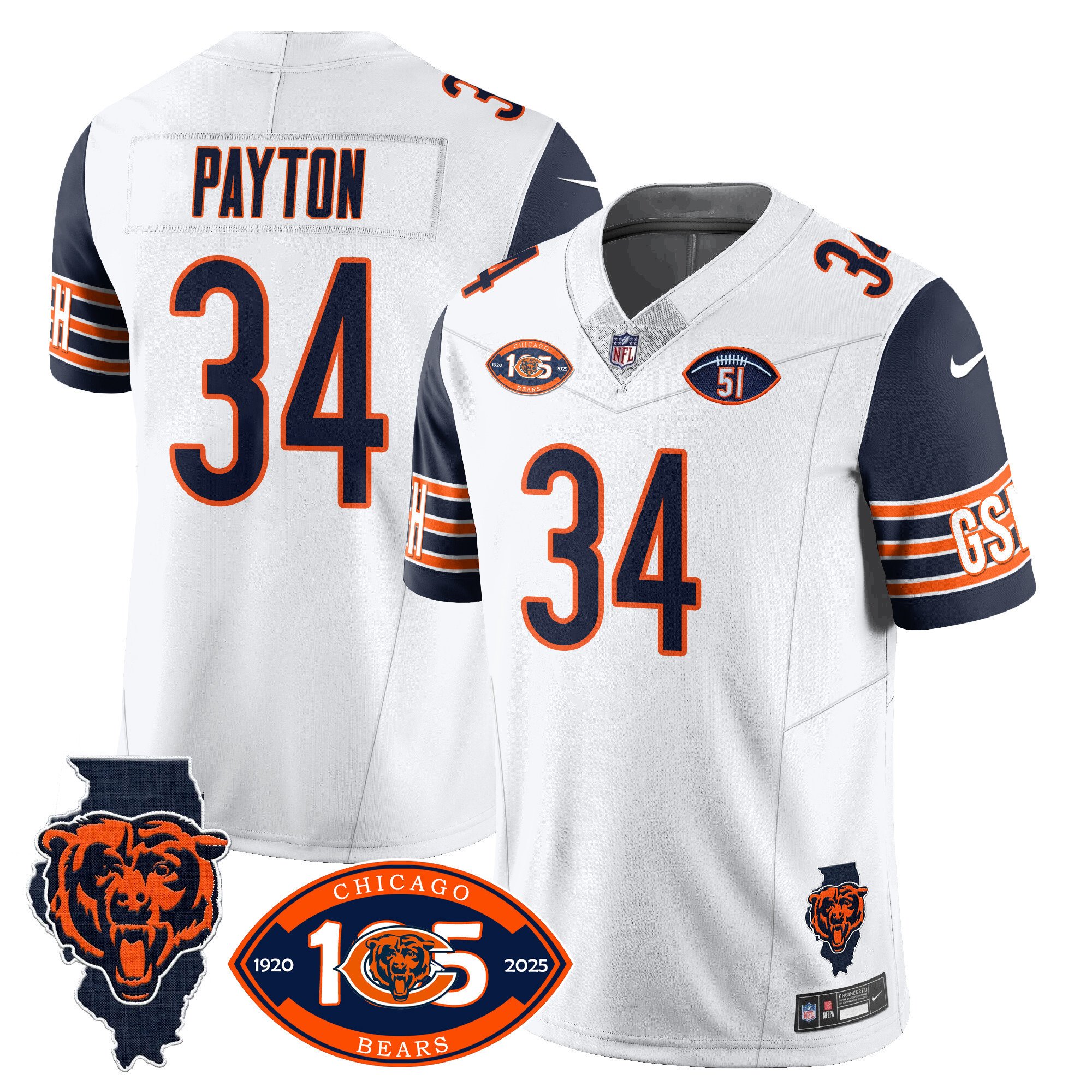 Men's Walter Payton Chicago Bears 1920-2025 The Chicago Bears Vapor Limited Navy Sleeves Jersey - All Stitched