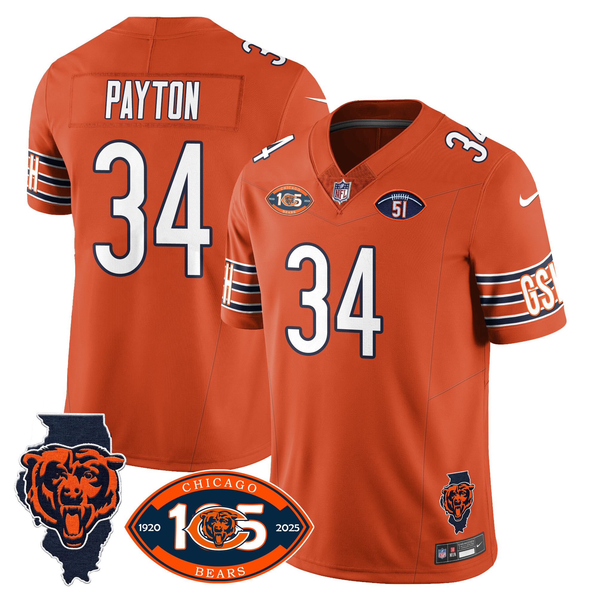 Men's Walter Payton Chicago Bears 1920-2025 The Chicago Bears Vapor Limited Orange Jersey - All Stitched