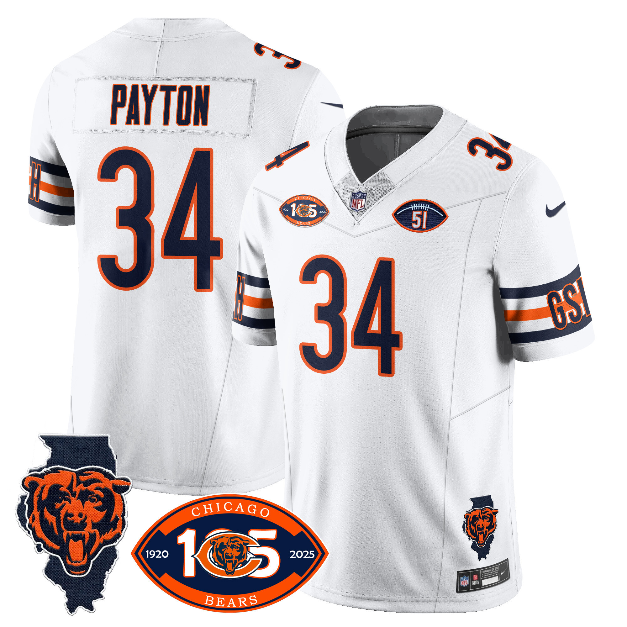 Men's Walter Payton Chicago Bears 1920-2025 The Chicago Bears Vapor Limited White Jersey - All Stitched