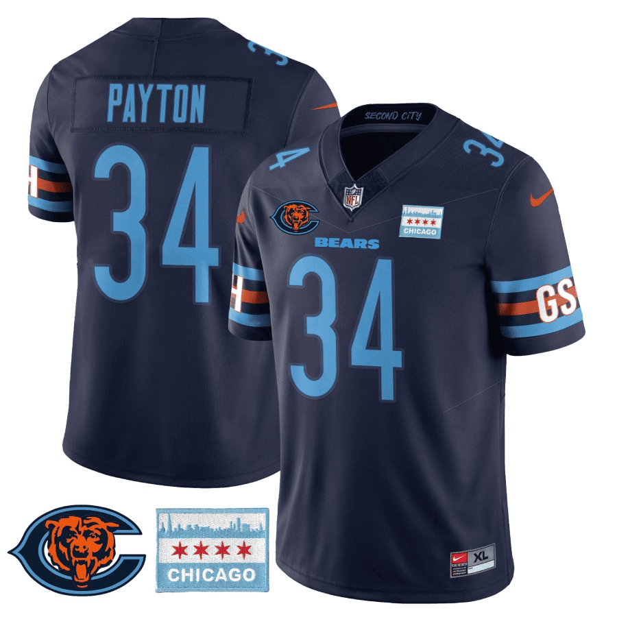 Men's Walter Payton Chicago Bears City Edition GSH Navy Jersey - Chicago Flag - All Stitched