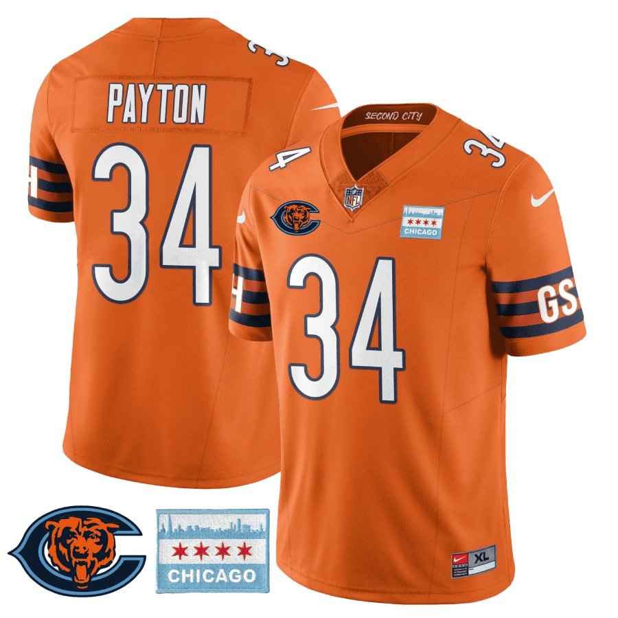 Men's Walter Payton Chicago Bears City Edition GSH Orange Jersey - Chicago Flag - All Stitched