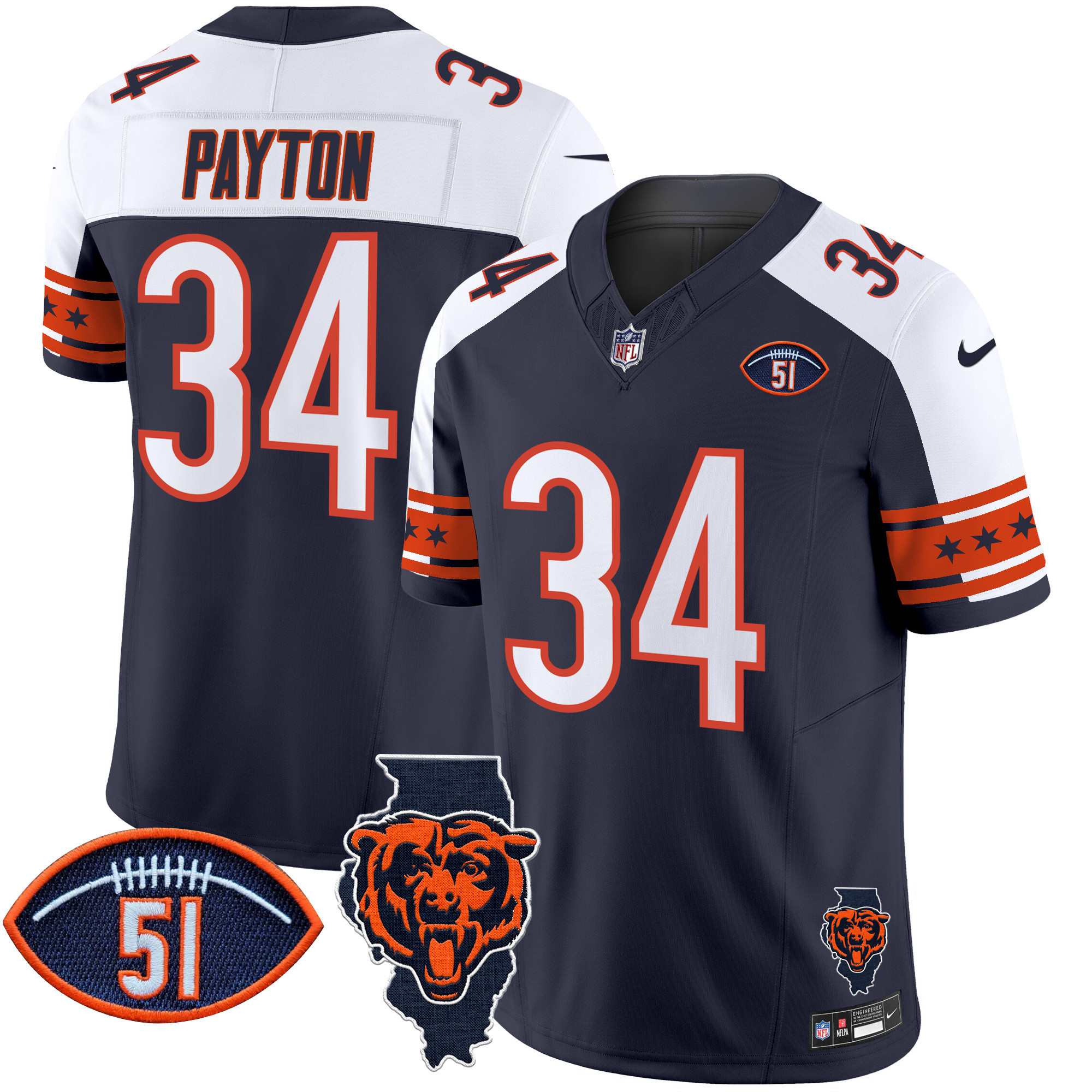 Men's Walter Payton Chicago Bears Illinois & Dick Butkus Patch Vapor Limited Alternate Jersey - All Stitched