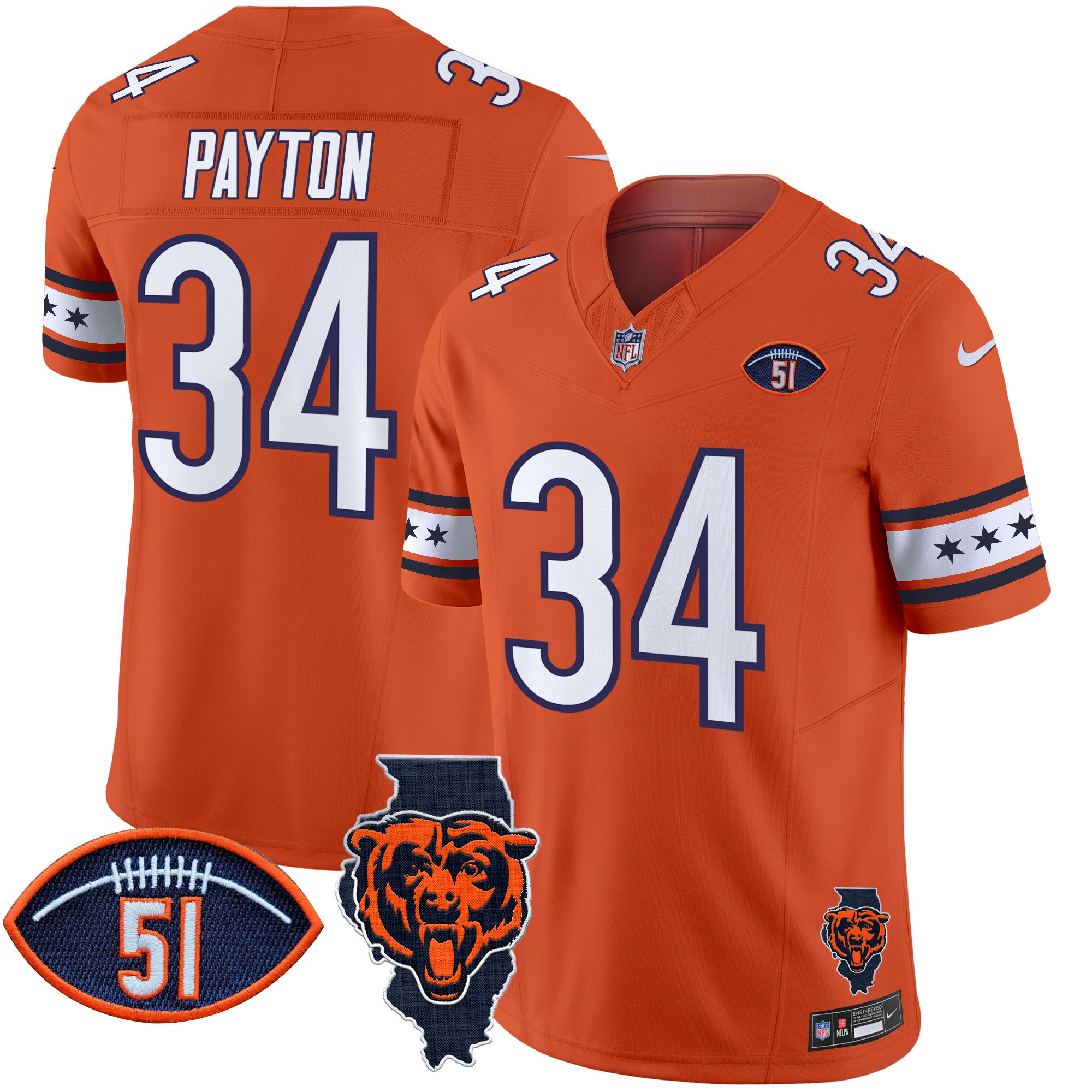 Men's Walter Payton Chicago Bears Illinois & Dick Butkus Patch Vapor Limited Orange Jersey - All Stitched