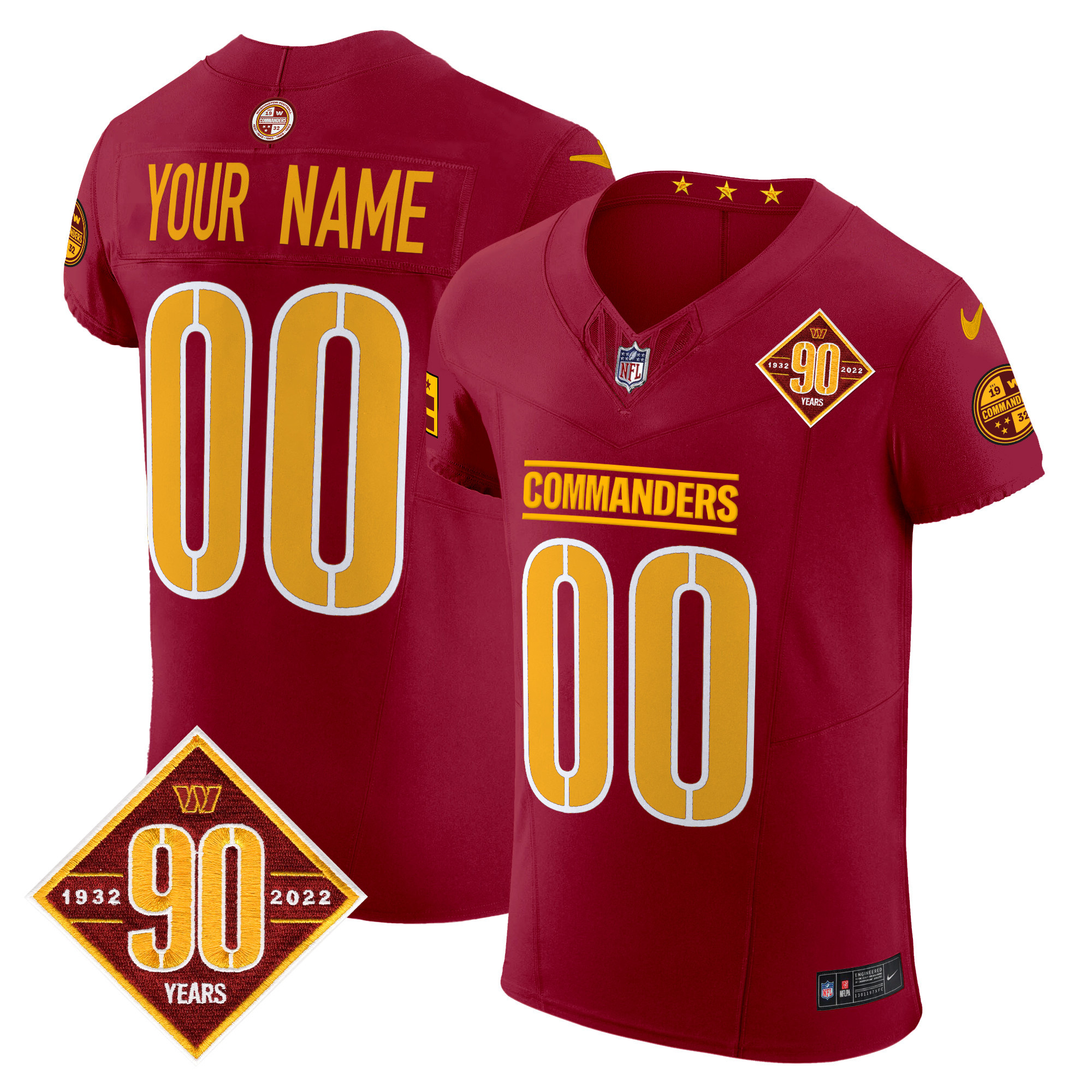 Men's Washington Commanders 90th Anniversary Patch Vapor Elite Custom Burgundy Jersey - All Stitched