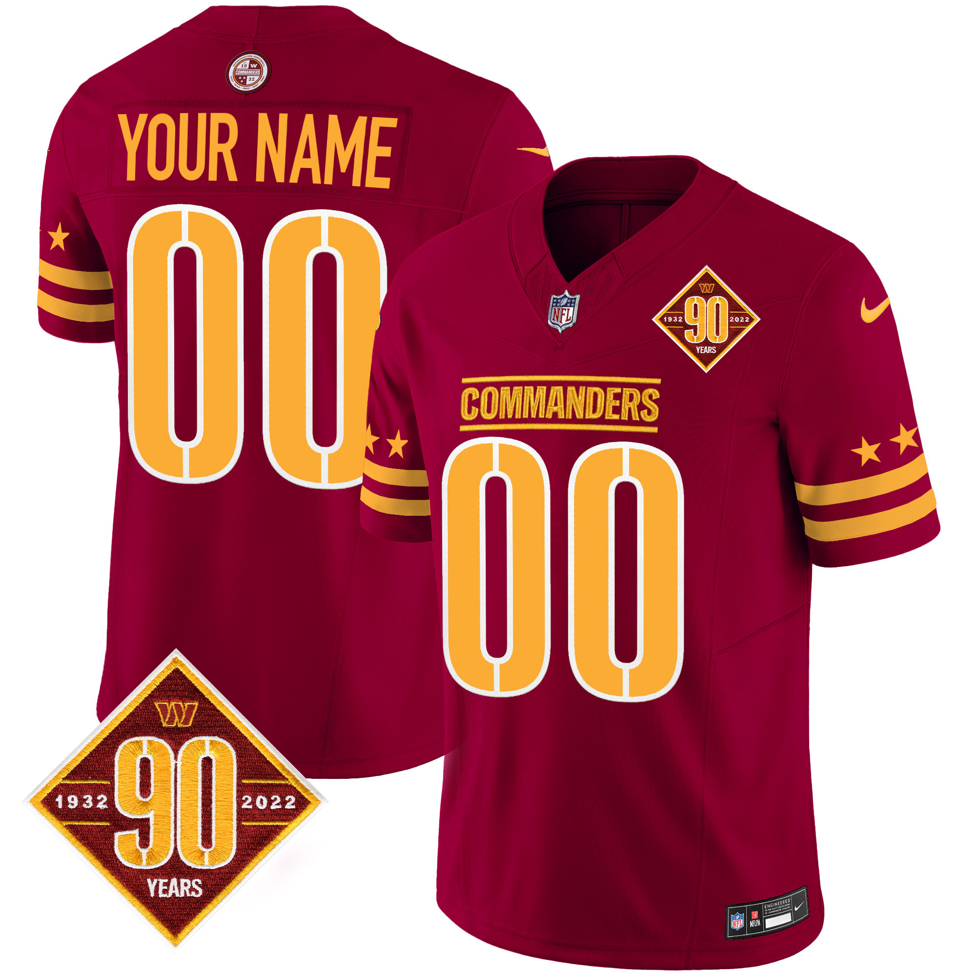 Men's Washington Commanders 90th Anniversary Patch Vapor Limited Custom Burgundy Jersey - All Stitched
