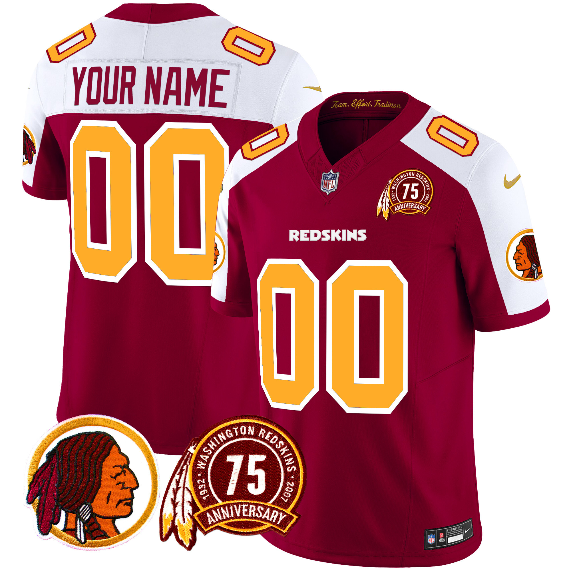 Men's Washington Redskins 75th Patch Throwback Vapor Limited Custom Burgundy Alternate Jersey - All Stitched