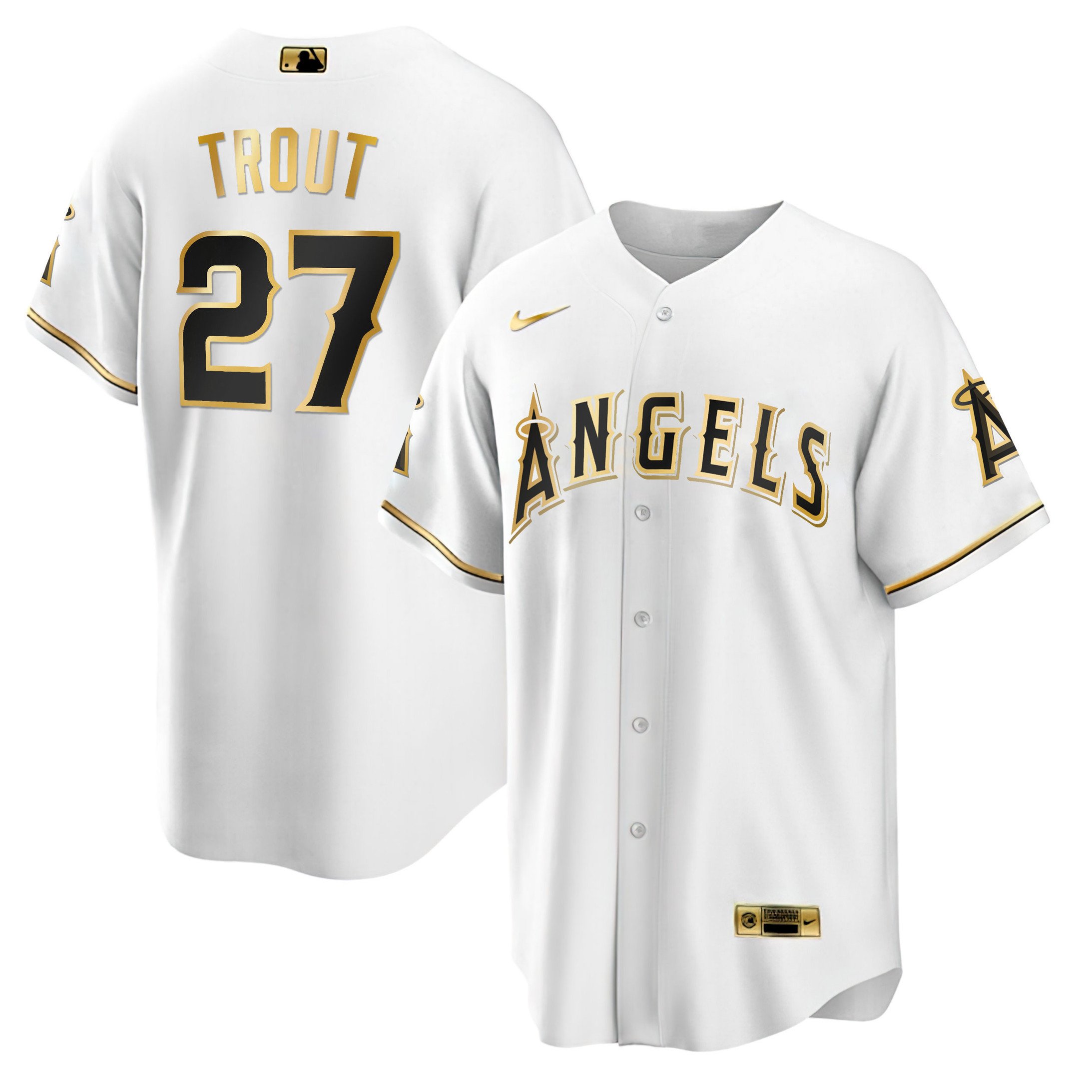 Men's White Gold Mike Trout Los Angeles Angels Black Gold & White Gold Cool Base Jersey - All Stitched
