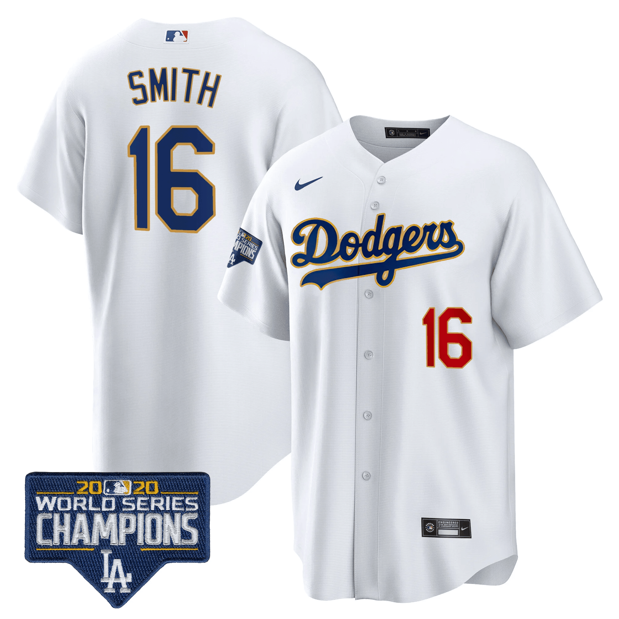 Men's Will Smith Los Angeles Dodgers World Series Champions Patch Cool Base Gold Trim White Jersey - All Stitched