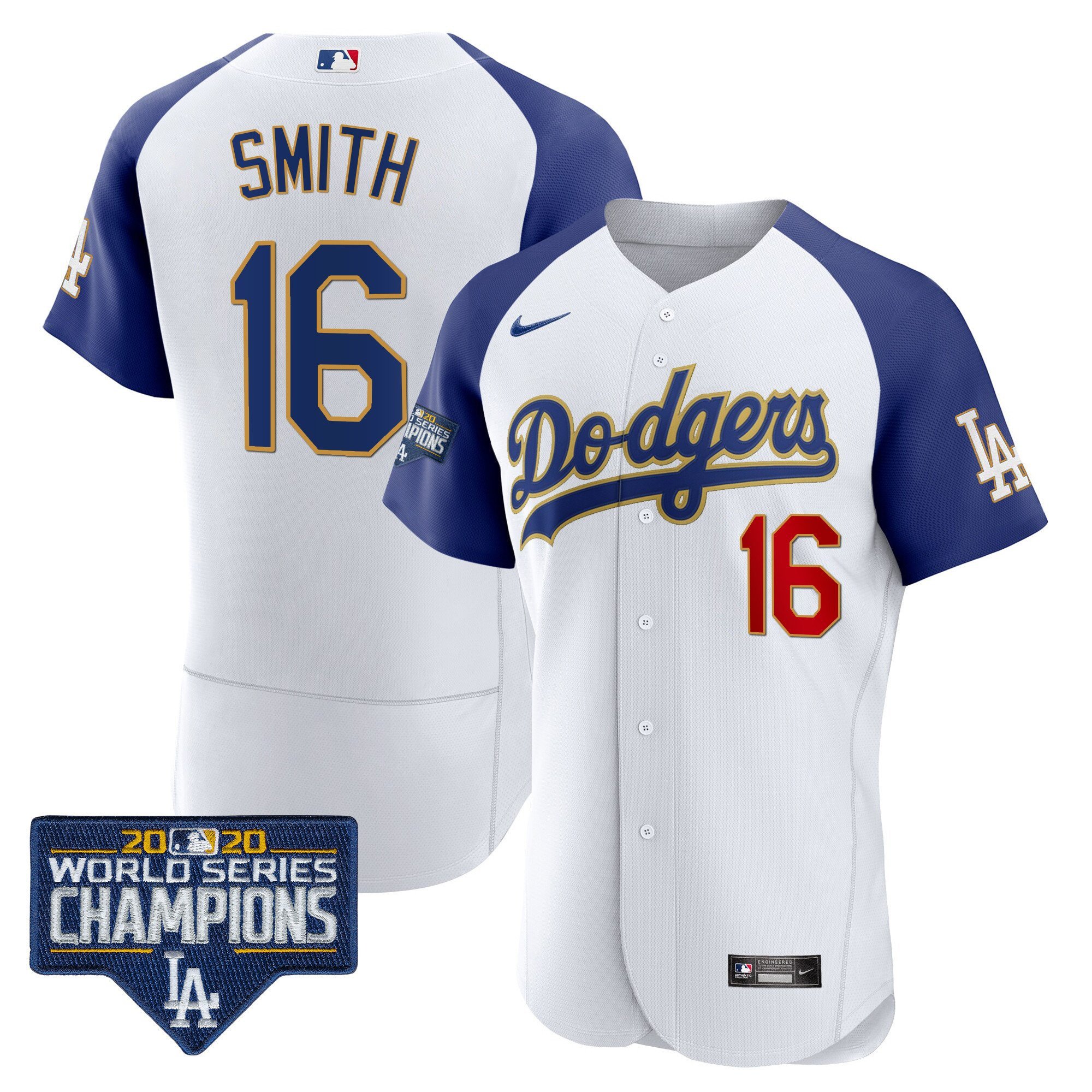 Men's Will Smith Los Angeles Dodgers World Series Champions Patch Flex Base Gold Trim Alternate White Jersey - All Stitched
