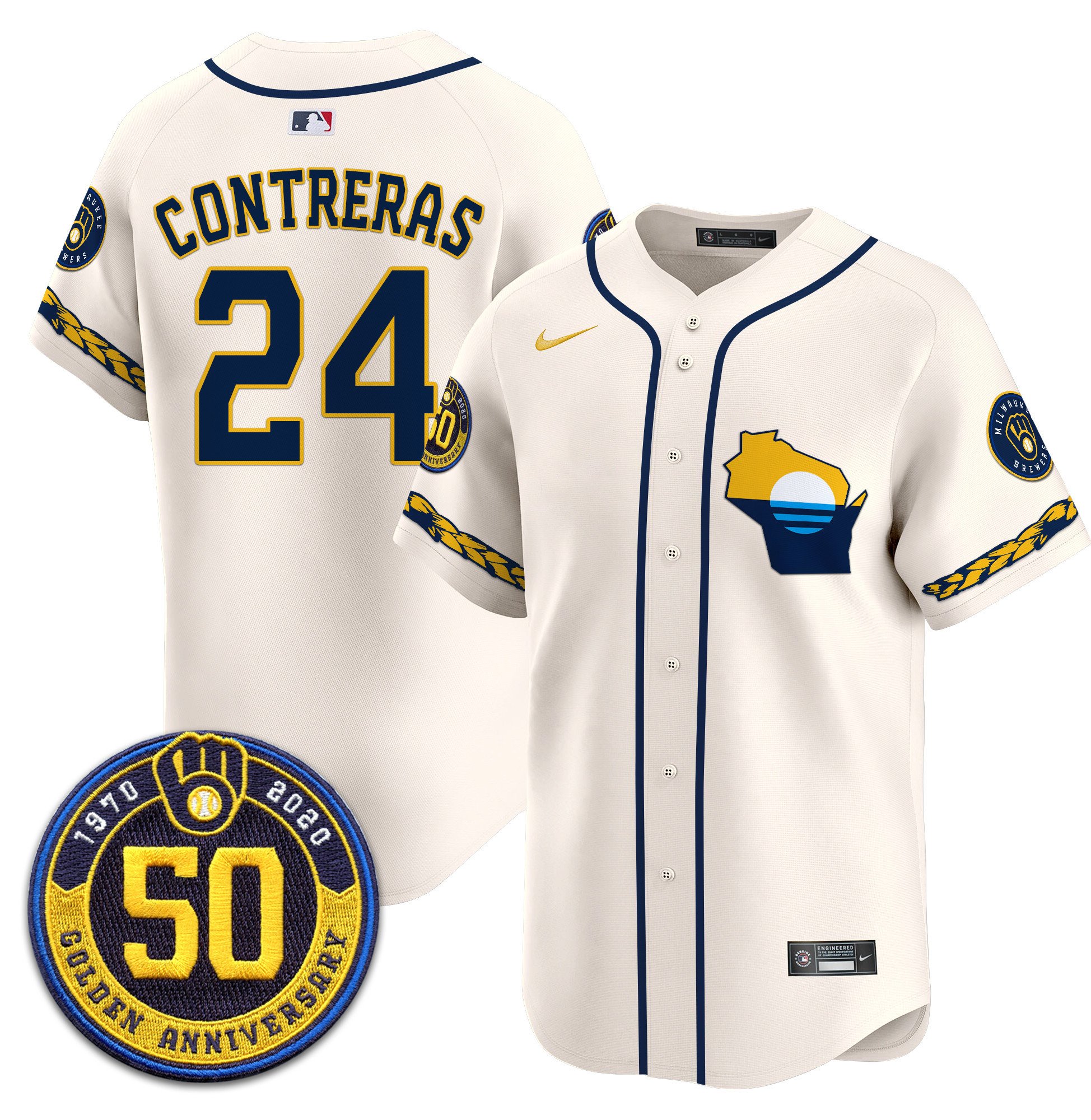 Men's William Contreras Milwaukee Brewers Golden 50th Anniversary Patch Vapor Premier Limited Cream Jersey - All Stitched