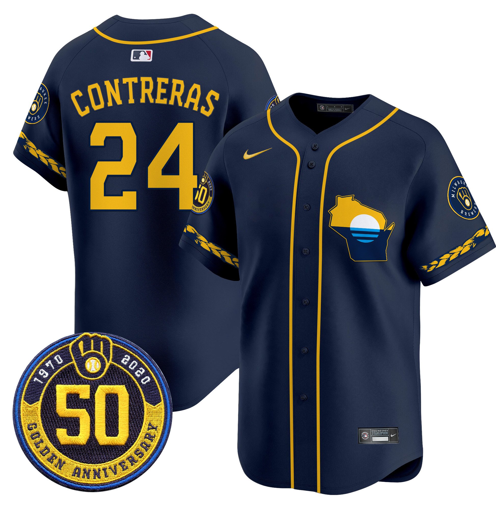 Men's William Contreras Milwaukee Brewers Golden 50th Anniversary Patch Vapor Premier Limited Navy Jersey - All Stitched