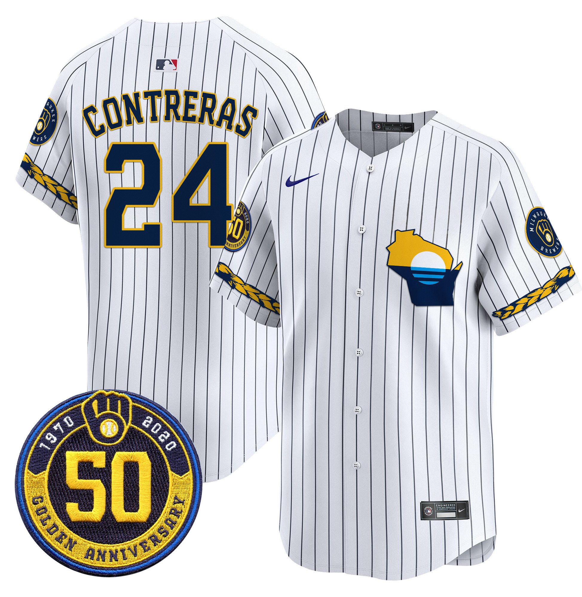 Men's William Contreras Milwaukee Brewers Golden 50th Anniversary Patch Vapor Premier Limited Pinstripe Jersey - All Stitched